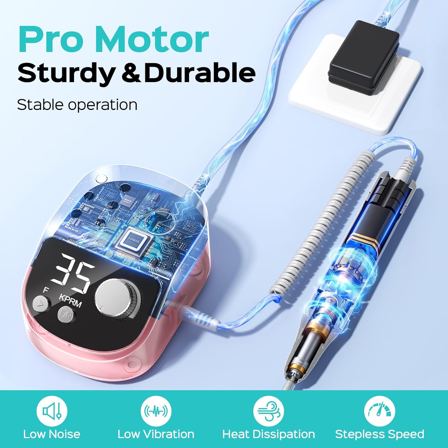 Detalle de COSLUS E50 Professional Electric Nail Drill File — 35000 RPM, LED Display, for Acrylic, Gel & Natural Nails