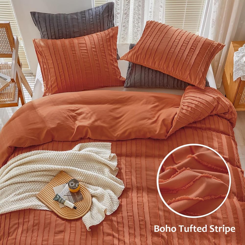 Thumbnail 2 de Michorinee Housse de Couette 200x200 Tuftée Terracotta Rayée – Parure Pour 2 Personnes avec Fermeture Éclair