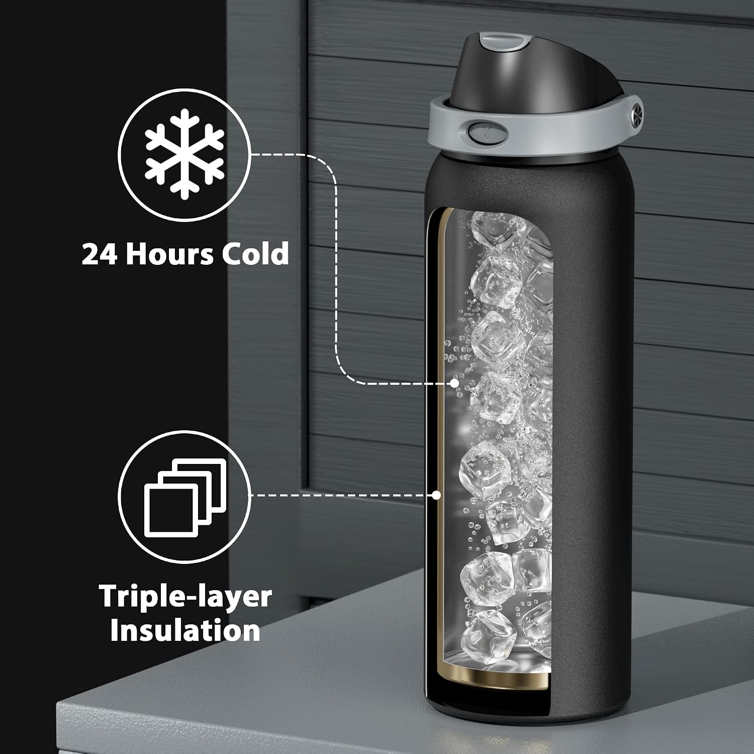 Detalle de Meoky 40 oz Insulated Stainless Steel Water Bottle with 2-in-1 Lid (Leak-Proof, 24-Hour Cold)