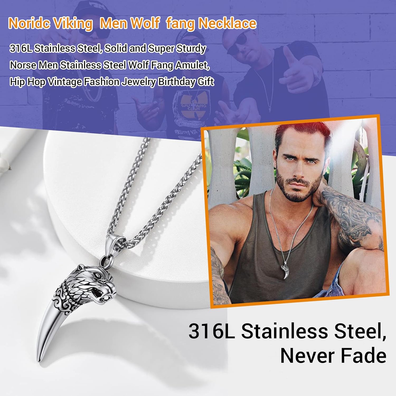 Thumbnail 3 de Collier PROSTEEL dent de loup pour homme en acier inoxydable 316L et plaqué or, chaîne ajustable 55 cm