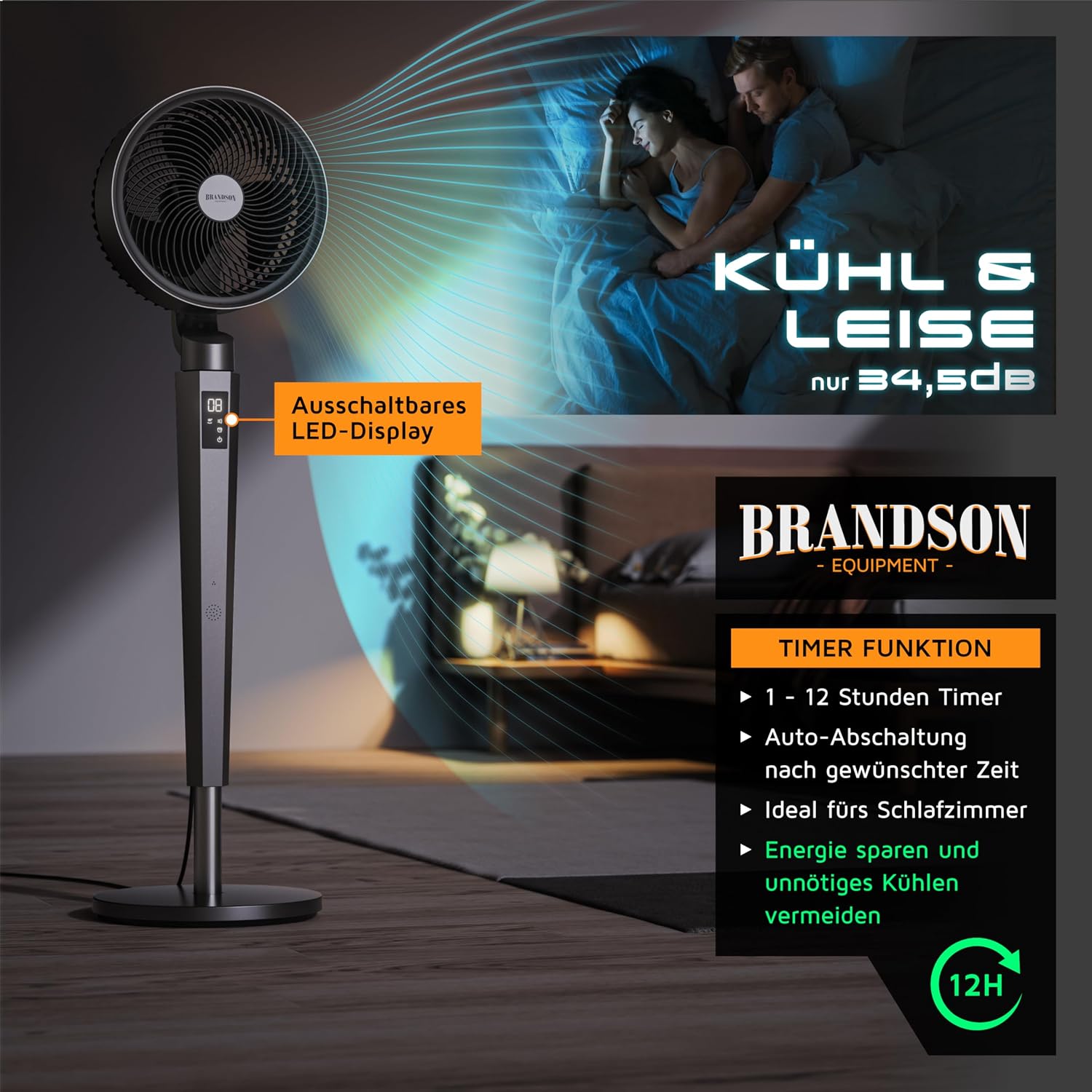 Detalle de Brandson 3D Standventilator mit DC-Motor – leise, energiesparend und flexibel einstellbar