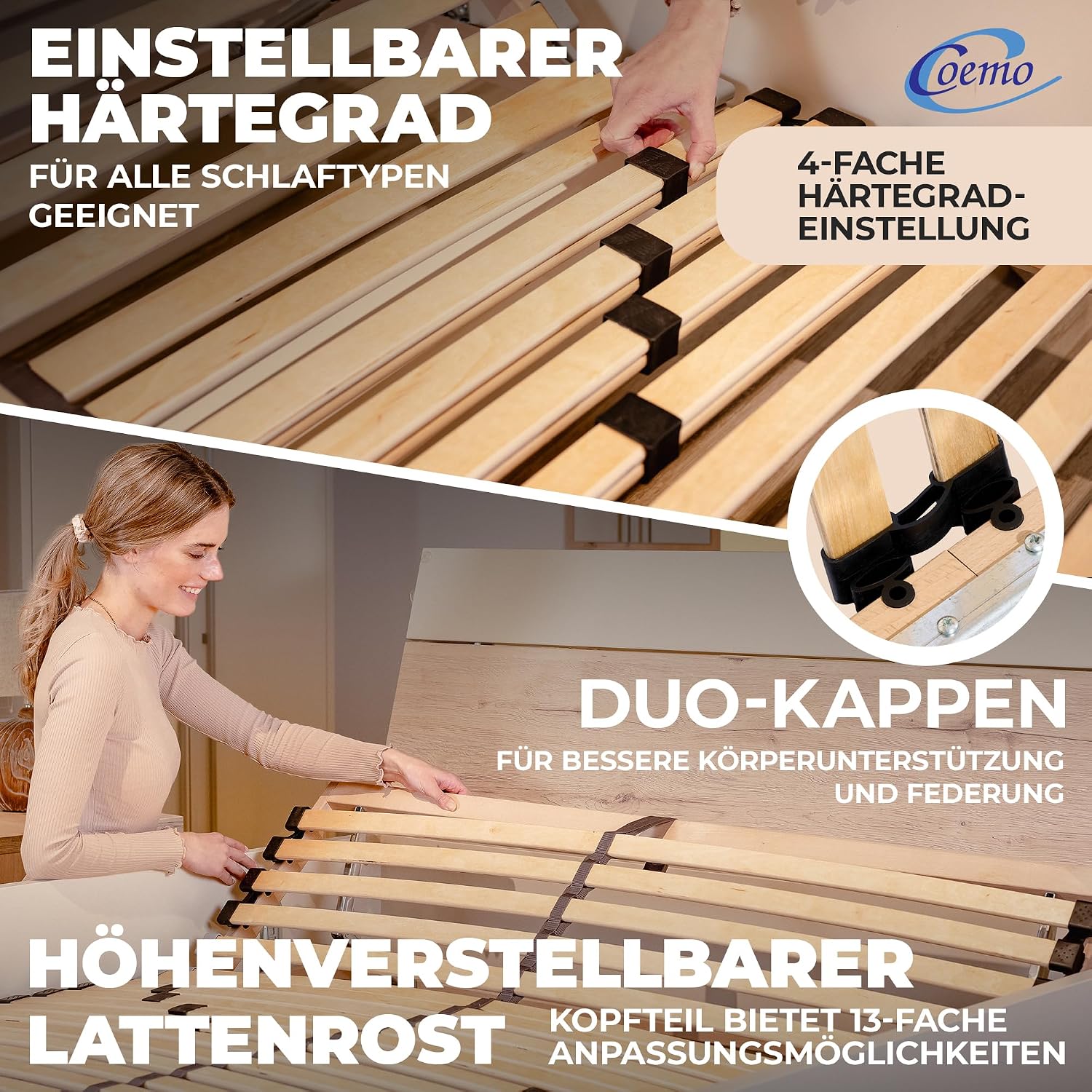 Thumbnail 2 de Coemo 7-Zonen Lattenrost Ergo 140x200 – Verstellbares Kopfteil, Birke/Buche-Rahmen, 28 Federleisten, Made in Germany