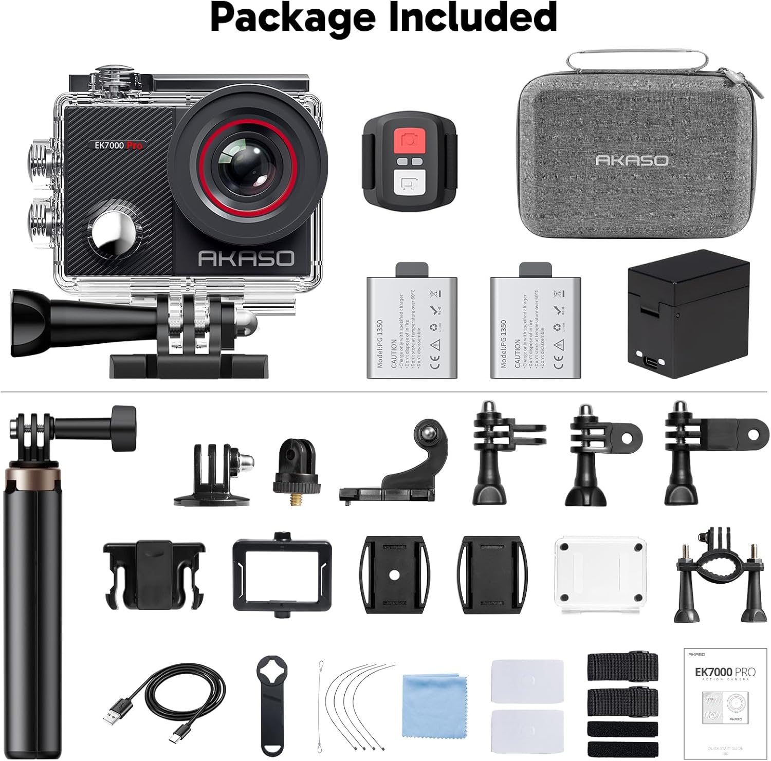 Detalle de AKASO EK7000 Pro Caméra Sport Kit de Perche à Selfie – 20 MP, 4K/30fps, étanche 131 ft, 2 batteries et mini sac