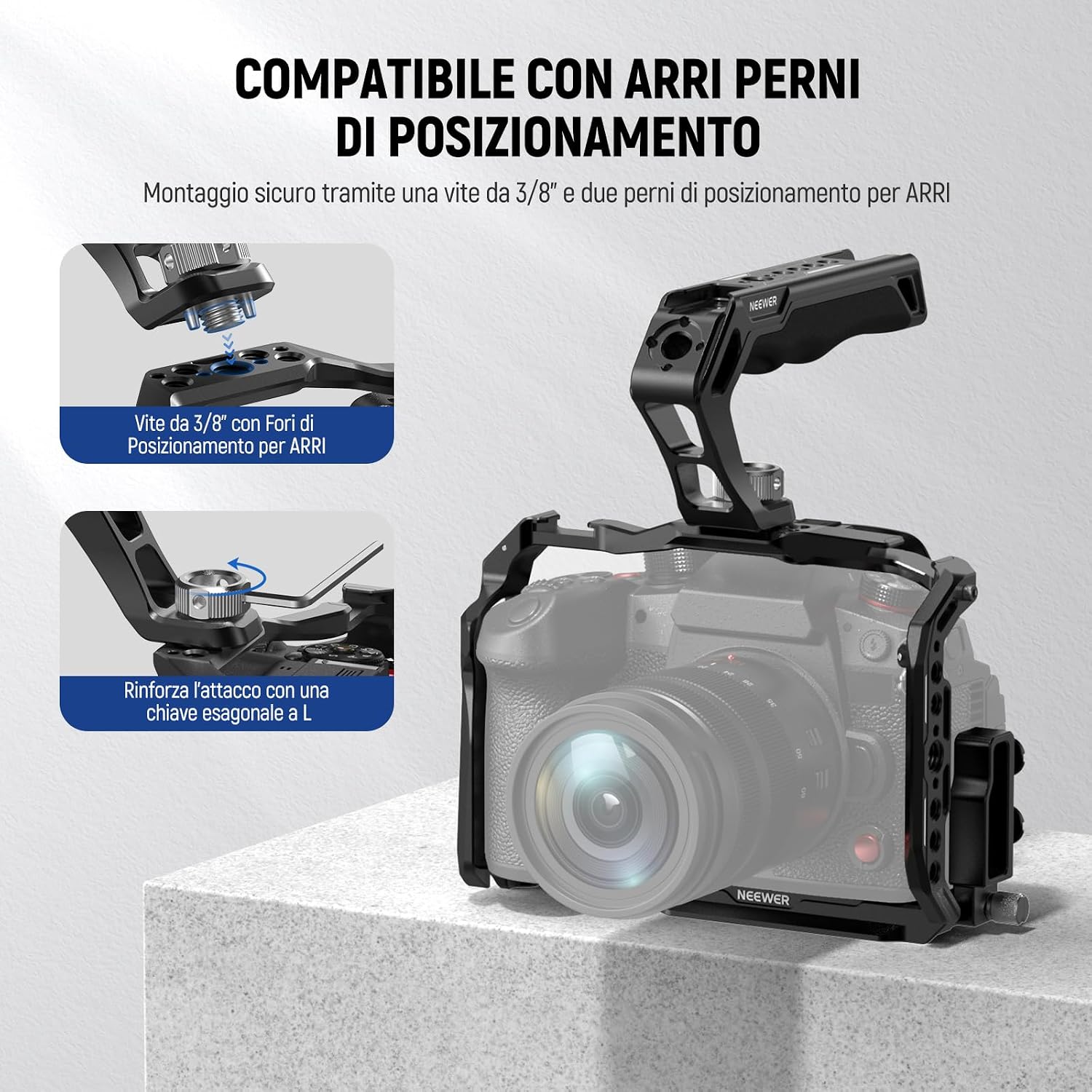 Detalle de NEEWER Set Top Handle CA007 + Supporto Monitor MA006 inclinabile fino a 180° per monitor 5"/7" (compatibile Atomos Ninja V)