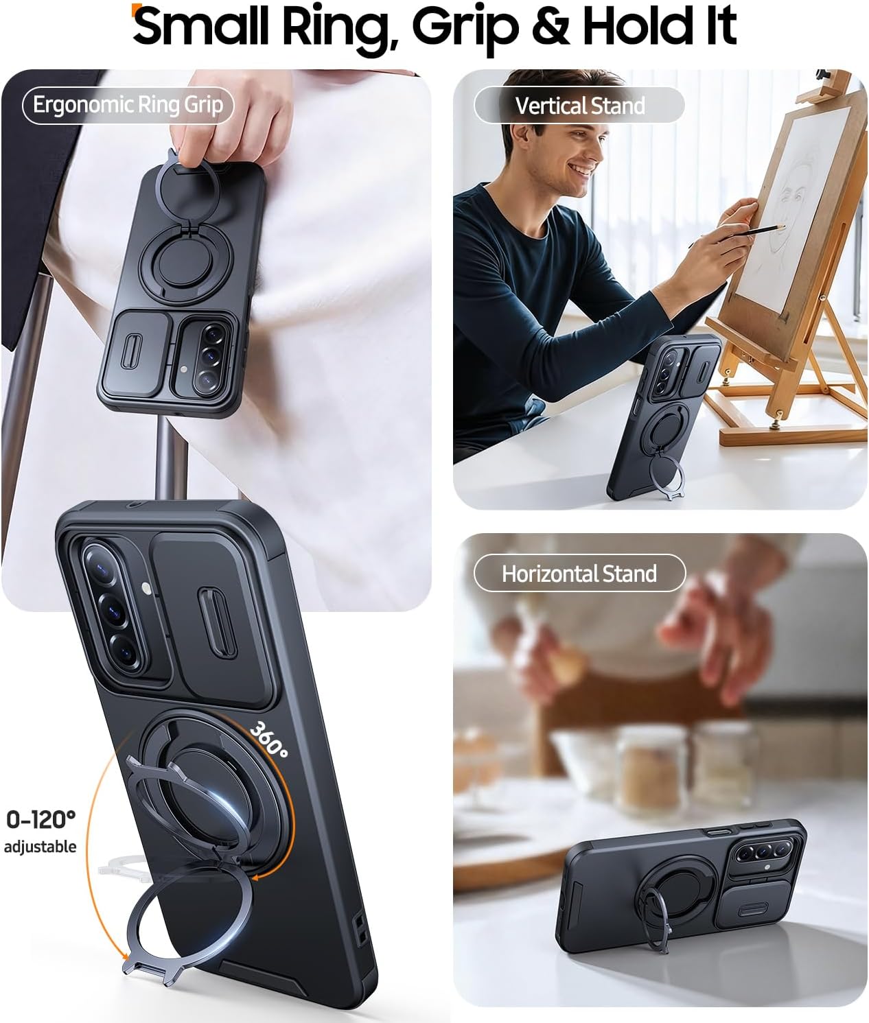 Thumbnail 1 de JAME Galaxy A16/A17 Case with 360° Ring Stand, Slide Camera Cover, Magnetic Plates & 2-Pack Tempered Glass Protectors (Black)