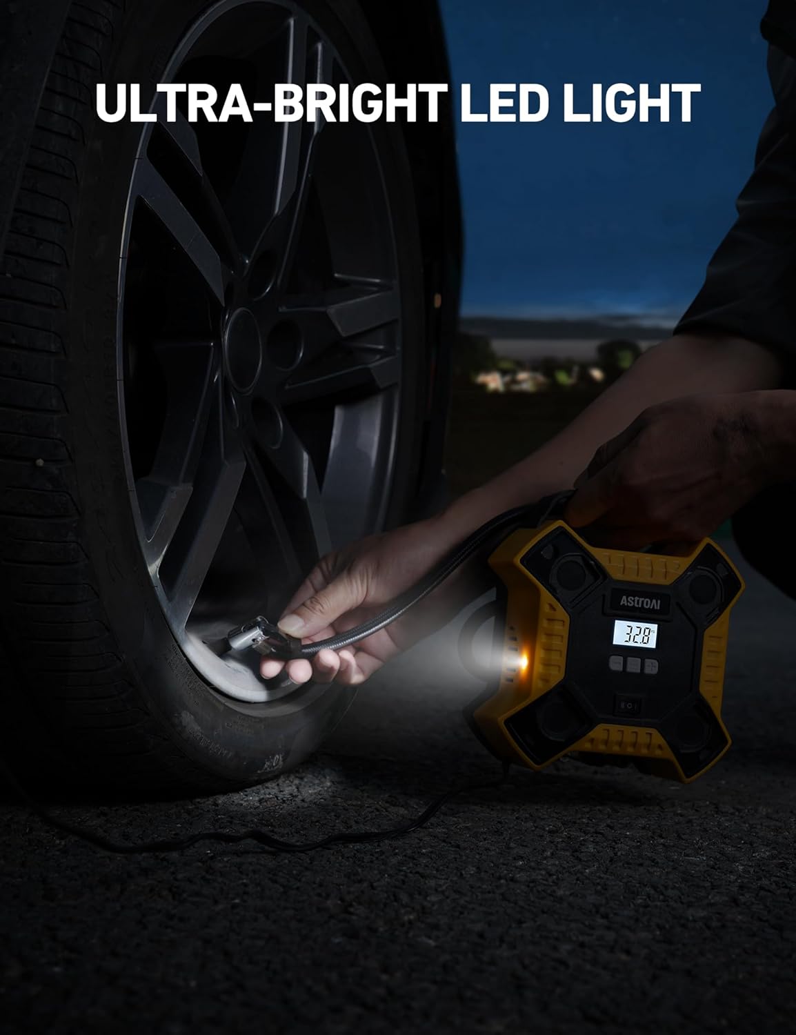 Detalle de AstroAI Compressore d’aria portatile 160 PSI 12V per auto, bici e scooter con manometro digitale e LED