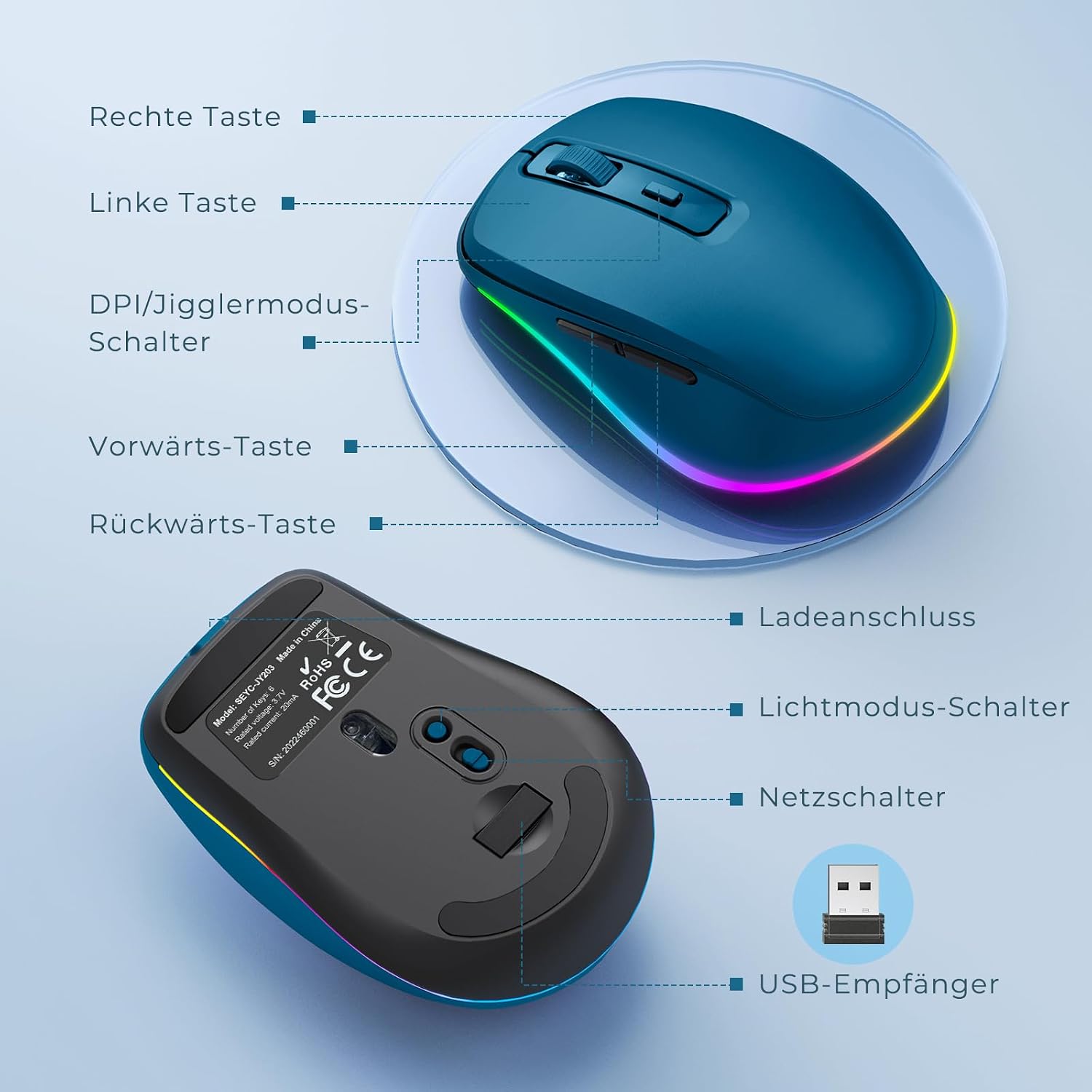 Thumbnail 5 de seenda Kabellose Maus mit Jiggler – wiederaufladbare 2,4G Funkmaus mit LED, leise, 2000 DPI