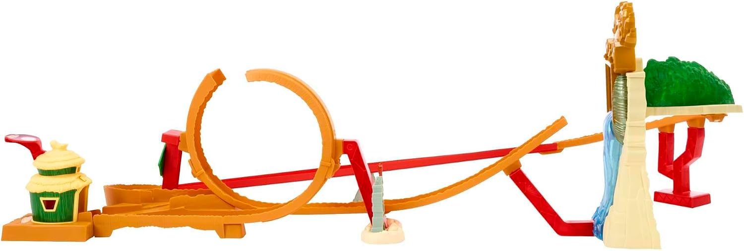 Detalle de Hot Wheels Jungle Kingdom Raceway-lekset HMK49 med Mario-bil i skala 1:64