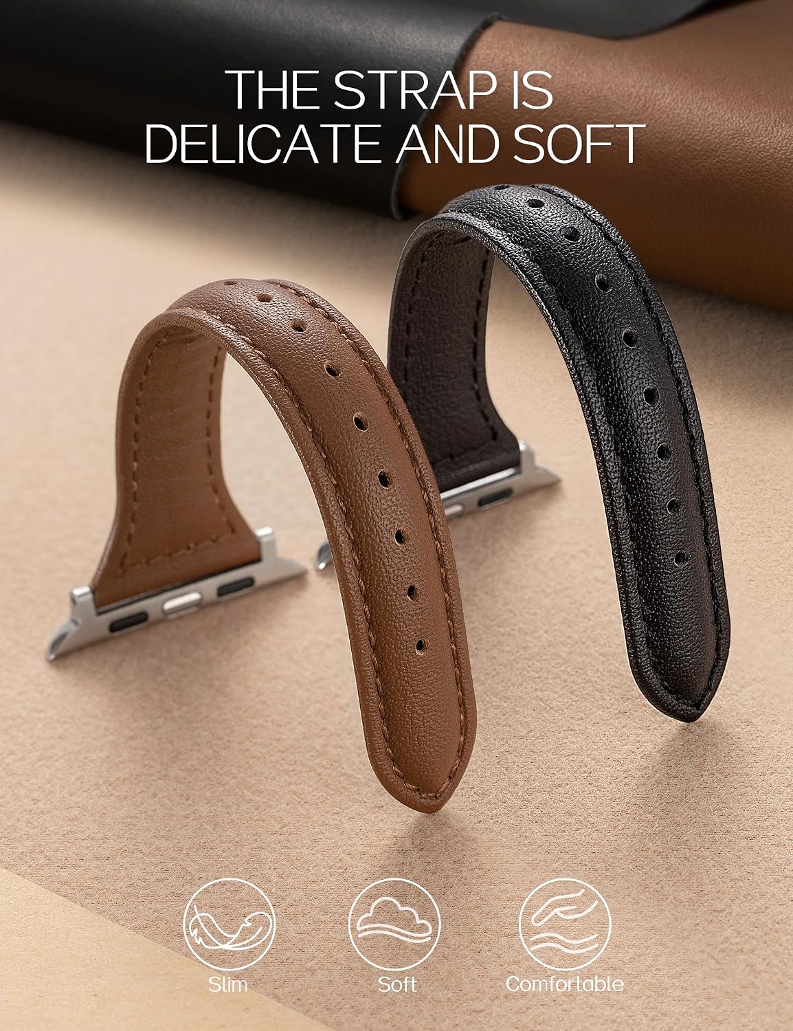 Detalle de Wkiss 2-Pack Slim Leather Bands for Apple Watch (38–46mm)