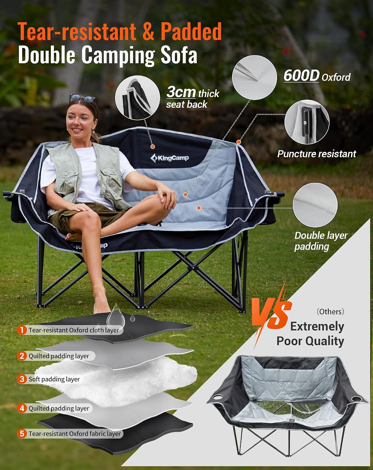 Thumbnail 4 de KingCamp Double Camping Chair for Adults: Spacious 2-Person Seat with Wine Glass Holders and Cup Pockets