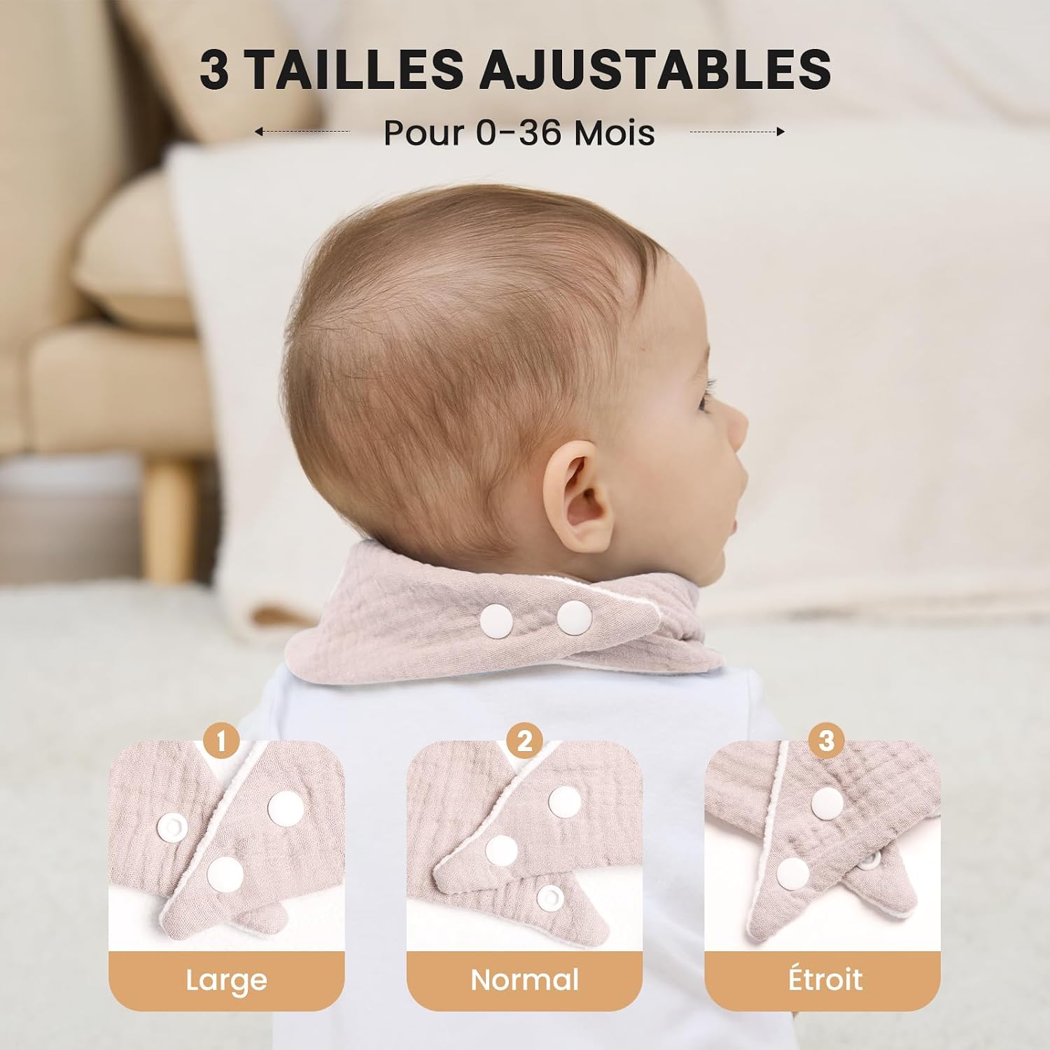 Thumbnail 6 de IKWOLETI Bavoirs Bébé Naissance Mousseline – Ensemble de 8 bavoirs absorbants et ajustables