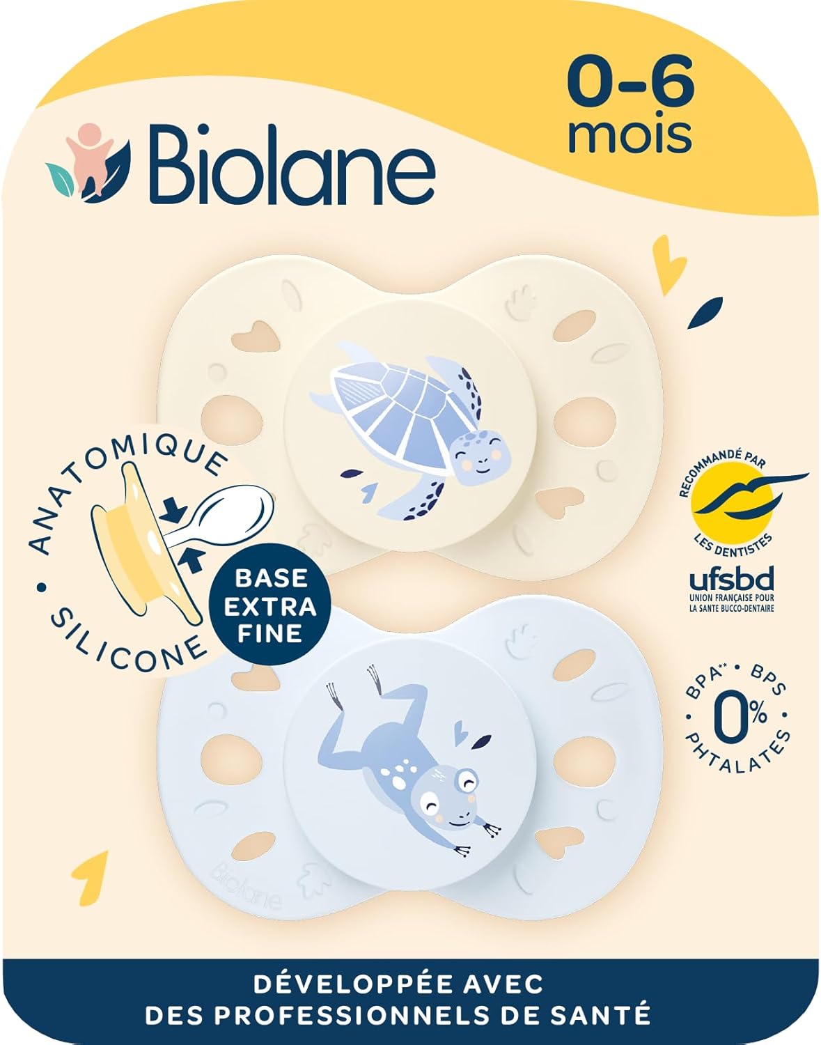 Thumbnail 6 de BIOLANE Tétines anatomiques extra-fines pour 0 à 6 mois – Sucettes réversibles téterelle plate (jaune et beige)