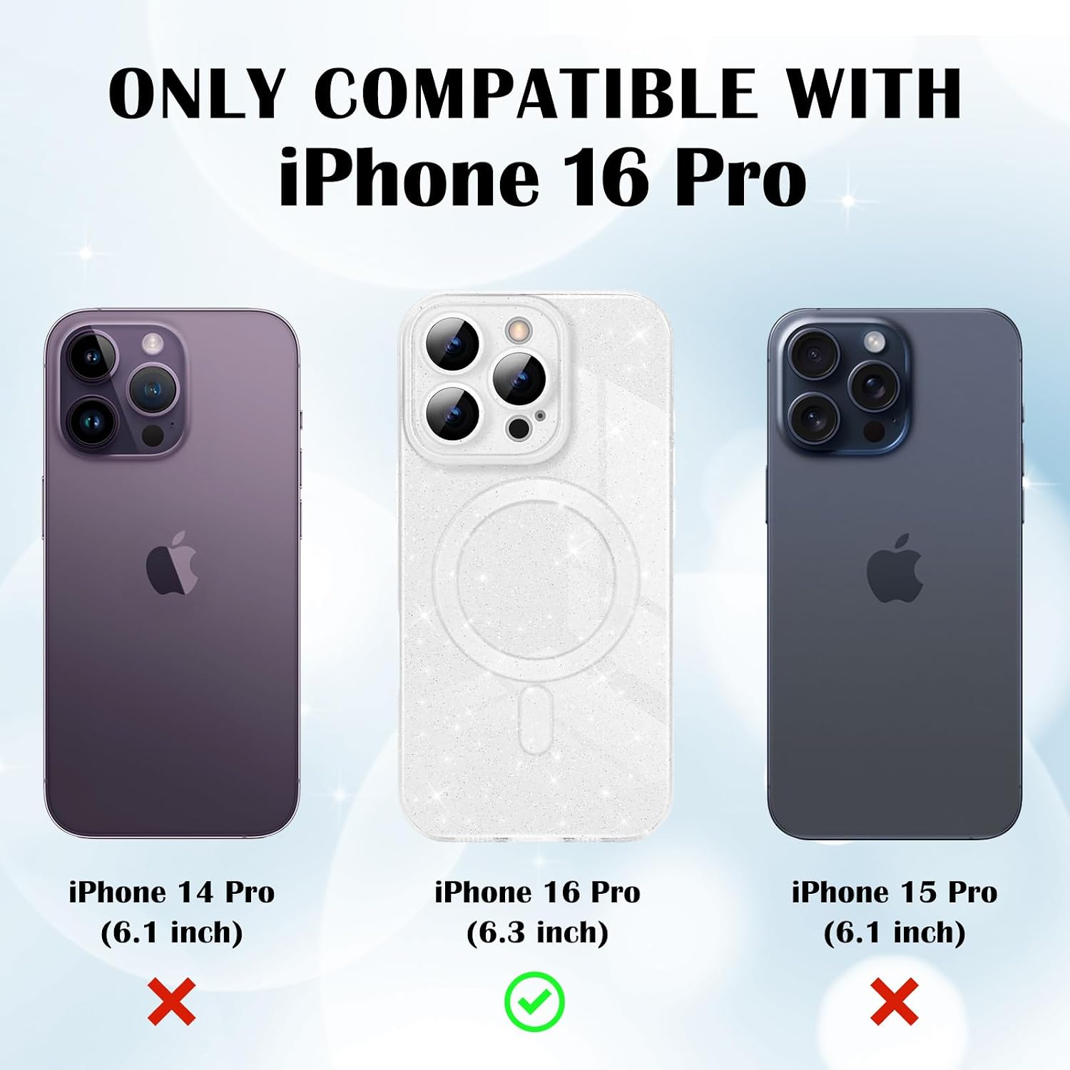Detalle 2 de Newseego Glitzer Hülle für iPhone 16 Pro (6,3 Zoll) – MagSafe-kompatible TPU-Schutzhülle in Weiß