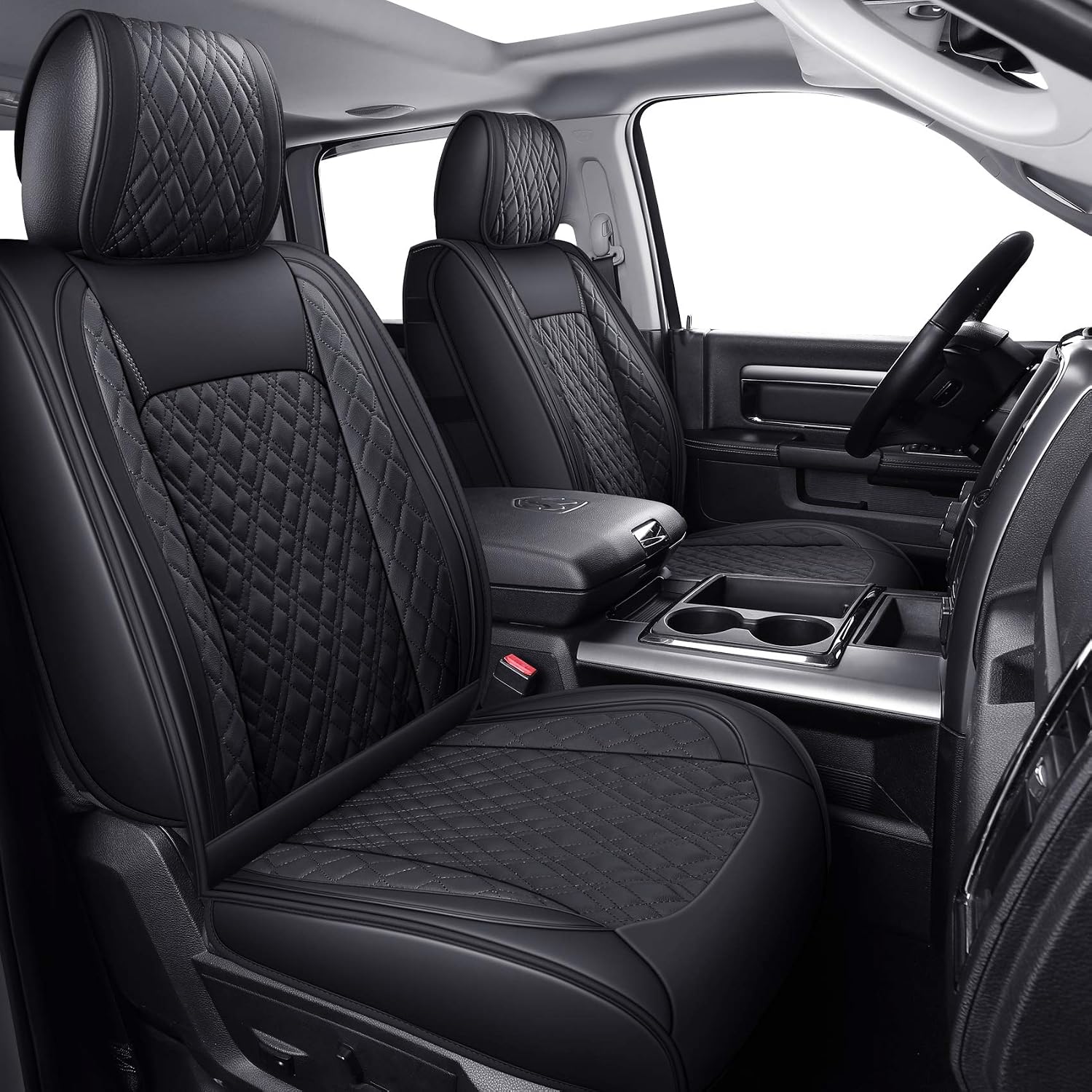 Detalle de YIERTAI Faux Leather Car Seat Covers for Dodge Ram (2009–2026) 1500/2500/3500 Front Seats, Black