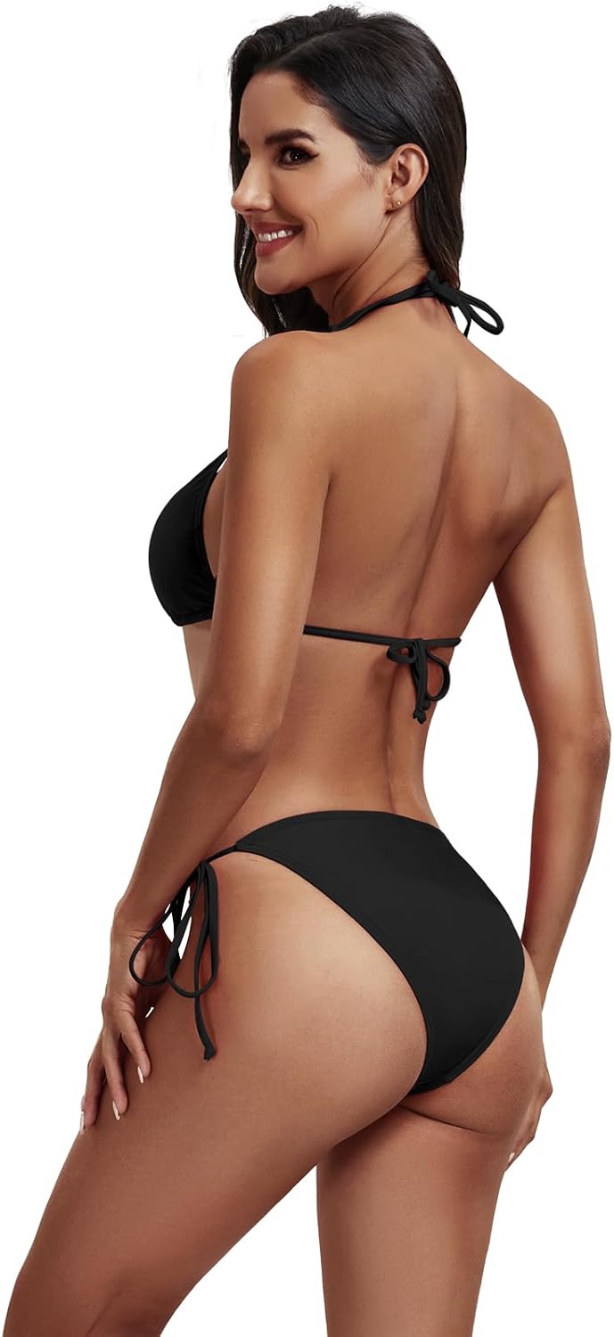 Detalle de FITTOO triangle push-up bikini top for women with removable pads and adjustable halter tie