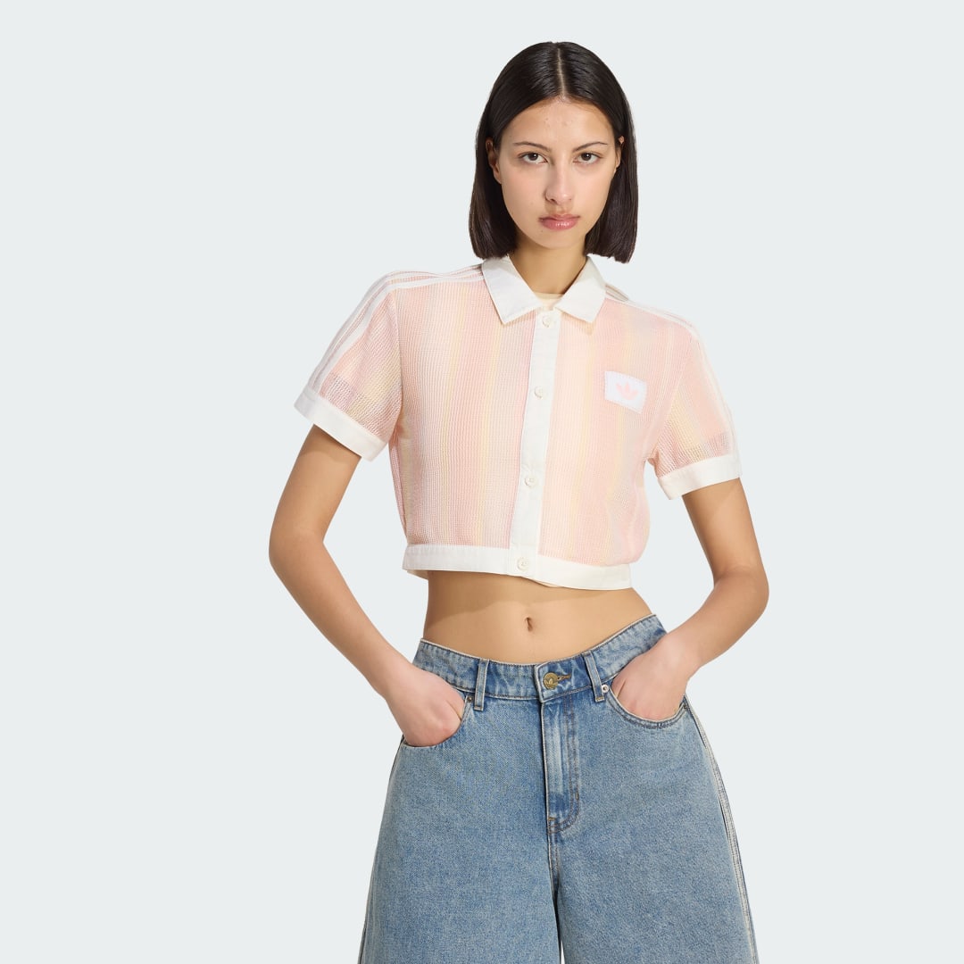 Detalle de Adidas Originals Summer Glow Striped Cropped, polo rosa de corte corto