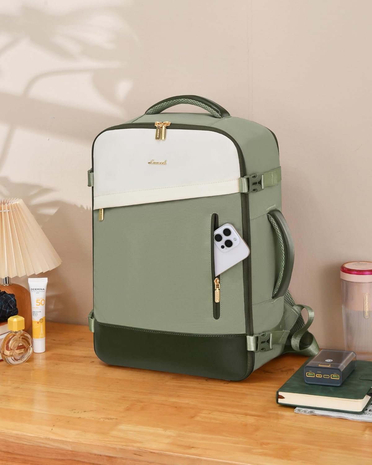 Detalle 2 de LOVEVOOK Handgepäck-Rucksack 40L (17,3 Zoll) – erweiterbar, Cabin Bag für Flugzeug & Business, Teegrün