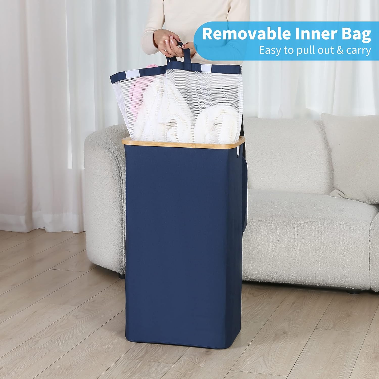 Detalle de efluky Wasmand 100 liter met bamboe deksel, uitneembare waszak en inklapbaar ontwerp