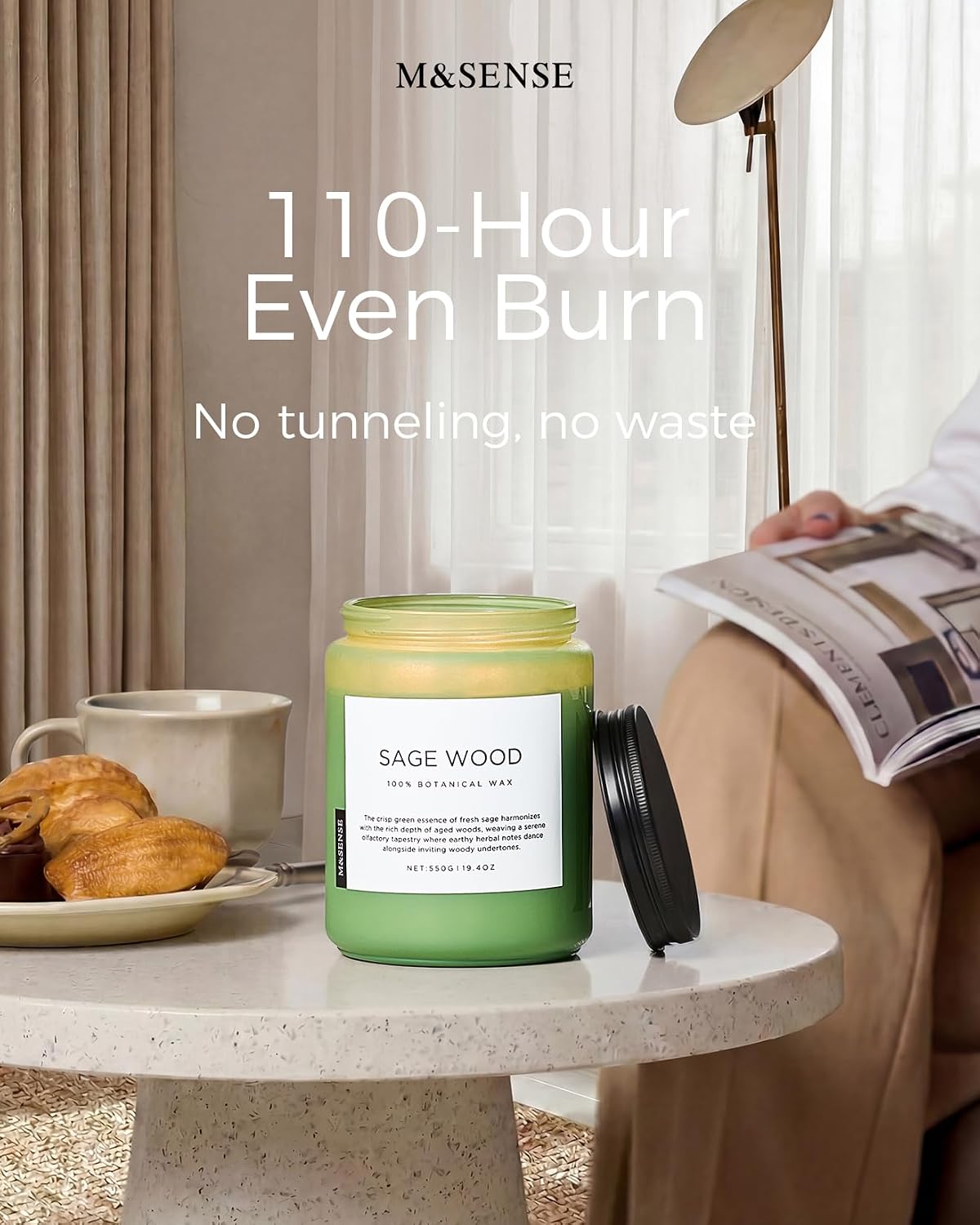 Detalle de M&SENSE Sage Wood Scented Candles for Home — 19.4oz All Natural Soy Wax, 110 Hours