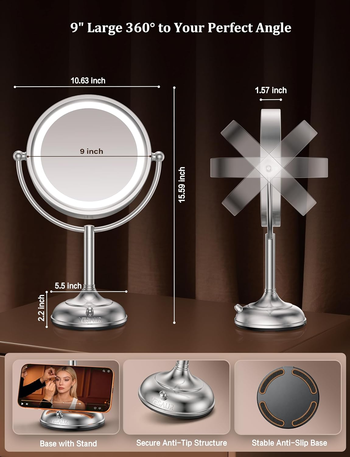 Thumbnail 5 de VESAUR 2026 Upgraded Lighted Makeup Mirror (9") with 1X/10X/20X Magnification, 3 Light Modes