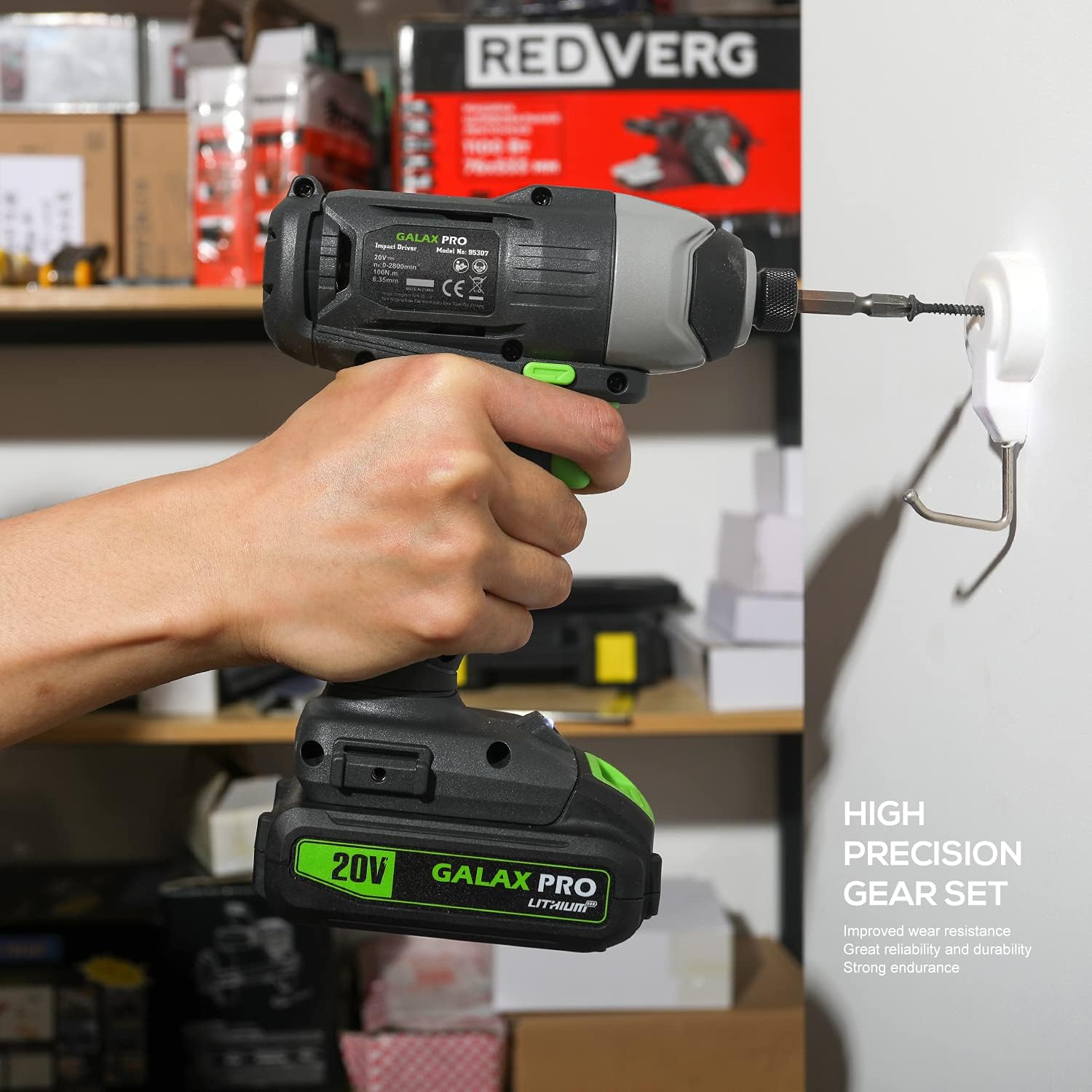 Detalle de GALAX PRO Cordless Impact Driver 20V (0–2800RPM) with LED work light, 6 bit set, 1.3Ah battery & charger