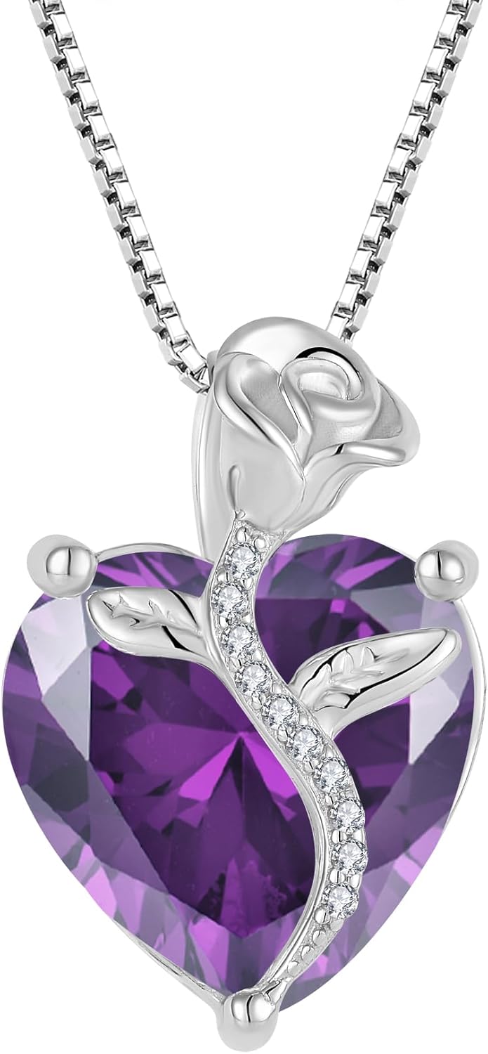 Thumbnail 6 de FJ Herz Kette Damen 925 Sterling Silber Geburtsstein & Rosenblüten-Anhänger
