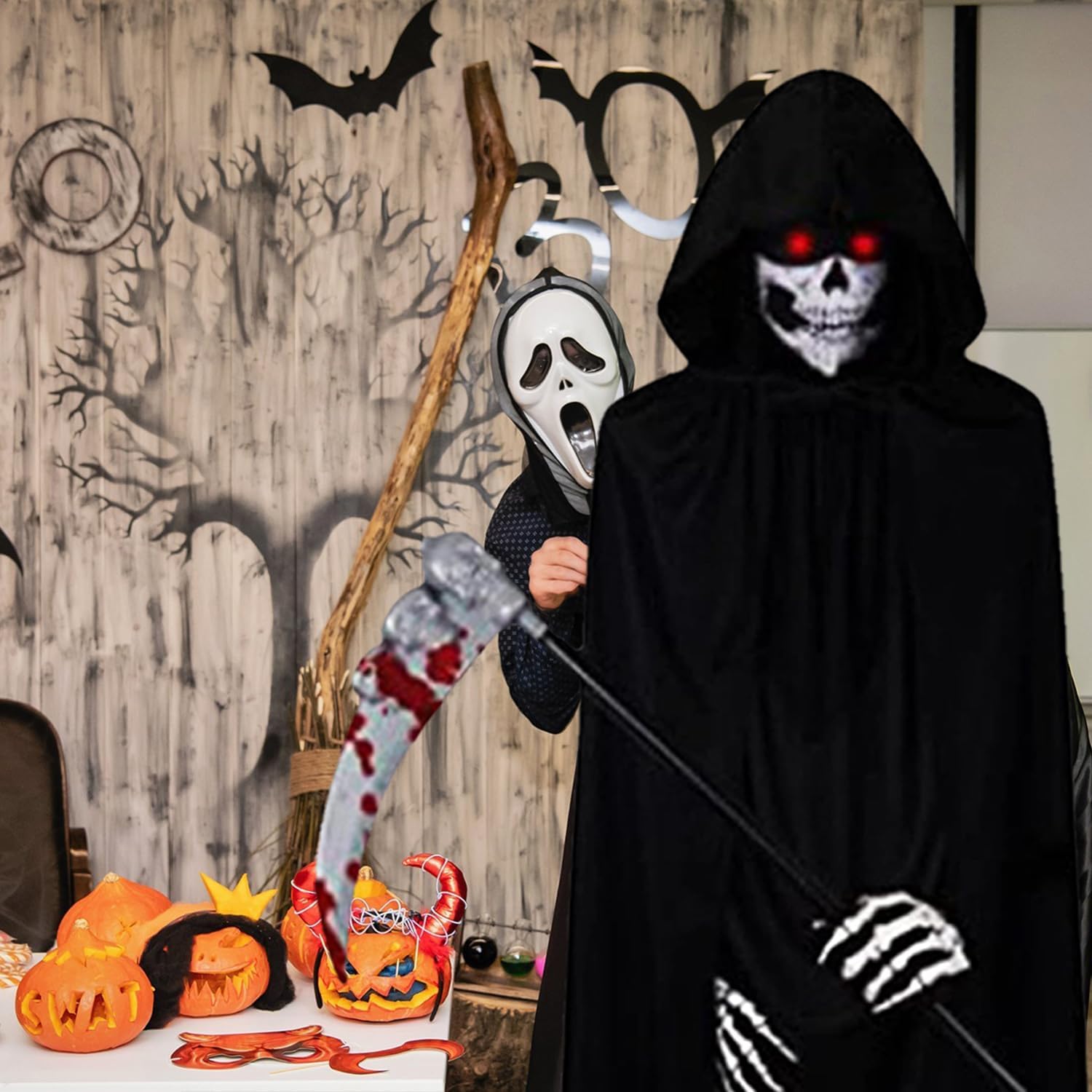 Detalle 2 de GALER Grim Reaper Costume Kids – 5-Piece Glow Eyes Set for Halloween Cosplay