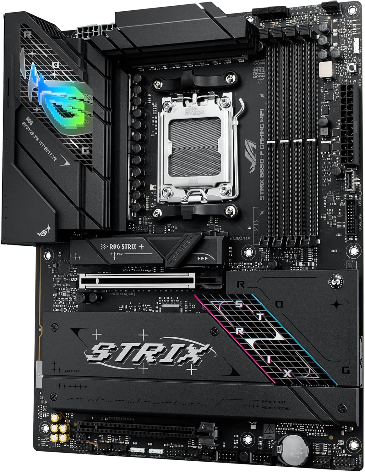 Detalle de ASUS ROG Strix B850‑F Gaming WiFi motherboard with PCIe 5.0