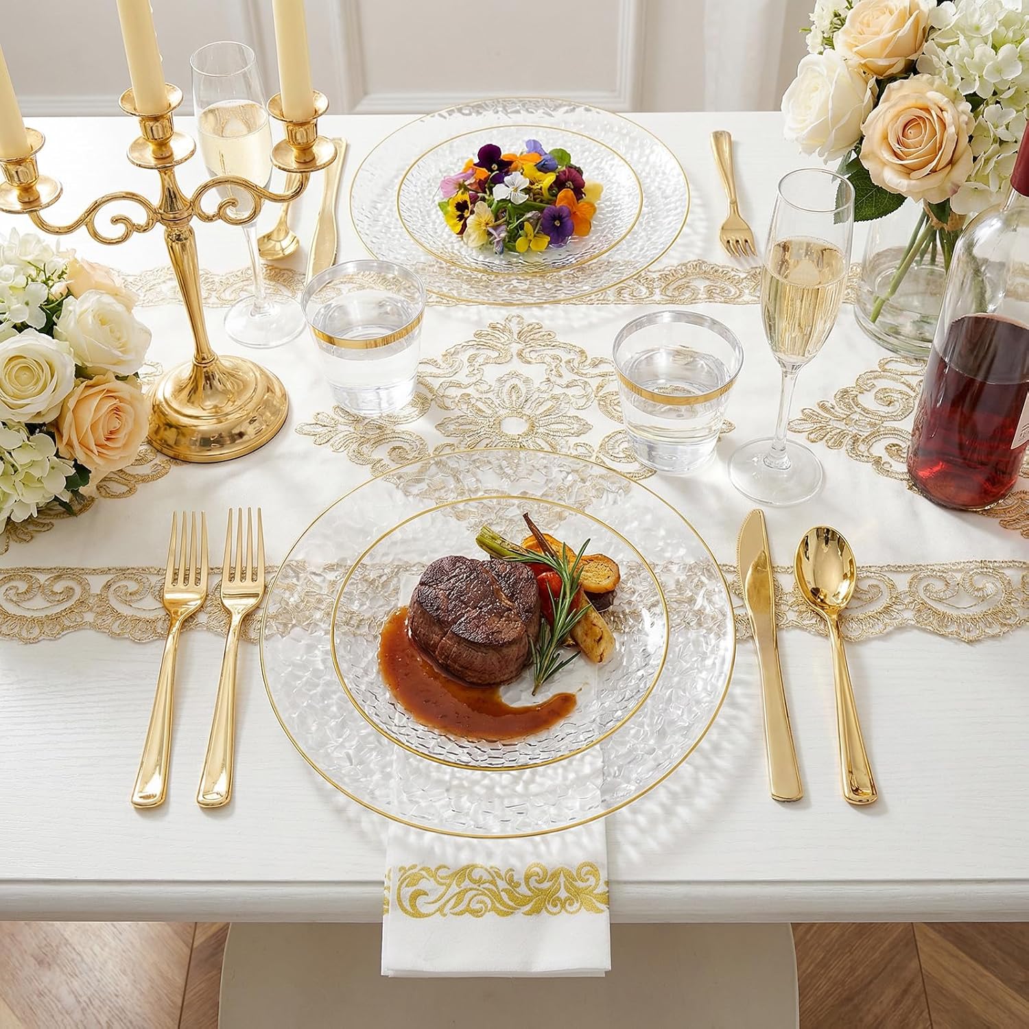 Thumbnail 4 de Rubtlamp 350 Pcs Clear Gold Hammered Plastic Dinnerware Set