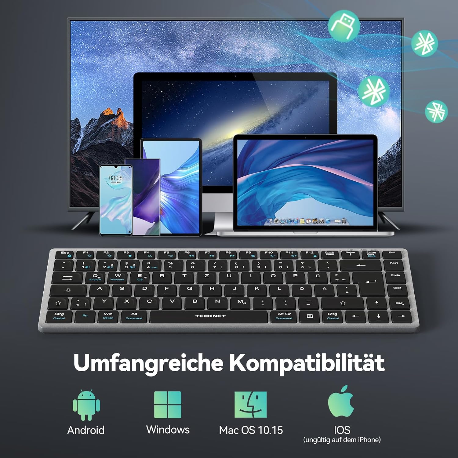Thumbnail 6 de TECKNET KB006: Kabellose Tastatur mit 4 Modi (BT + 2,4G) – Deutsches Layout