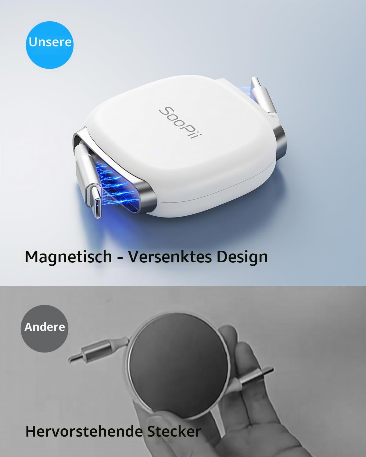 Detalle de SooPii retractables USB-C Kabel 240W PD 3.1 – 1 m, magnetische Aufbewahrung, 5 Längeneinstellungen