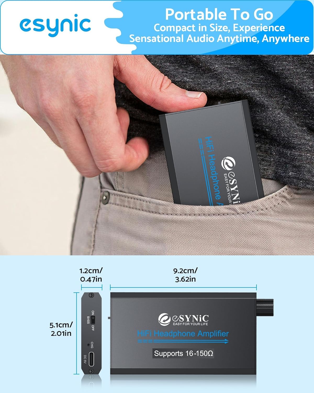 Thumbnail 6 de eSynic Portable 3.5mm Rechargeable Headphone Amplifier with Two-stage Gain Switch