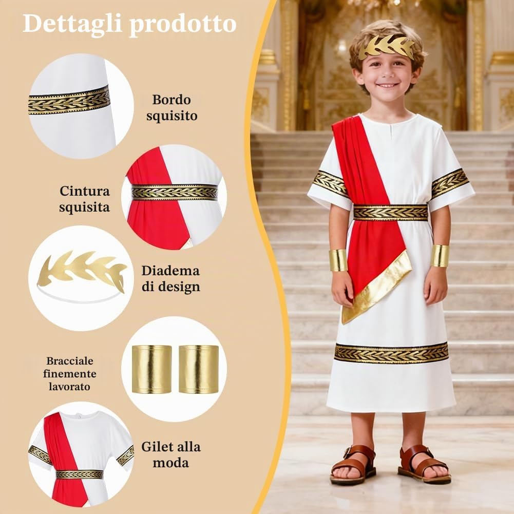 Thumbnail 2 de BSBUY Costume antica Grecia e Roma per bambini bianco e rosso con toga, cintura e fascia