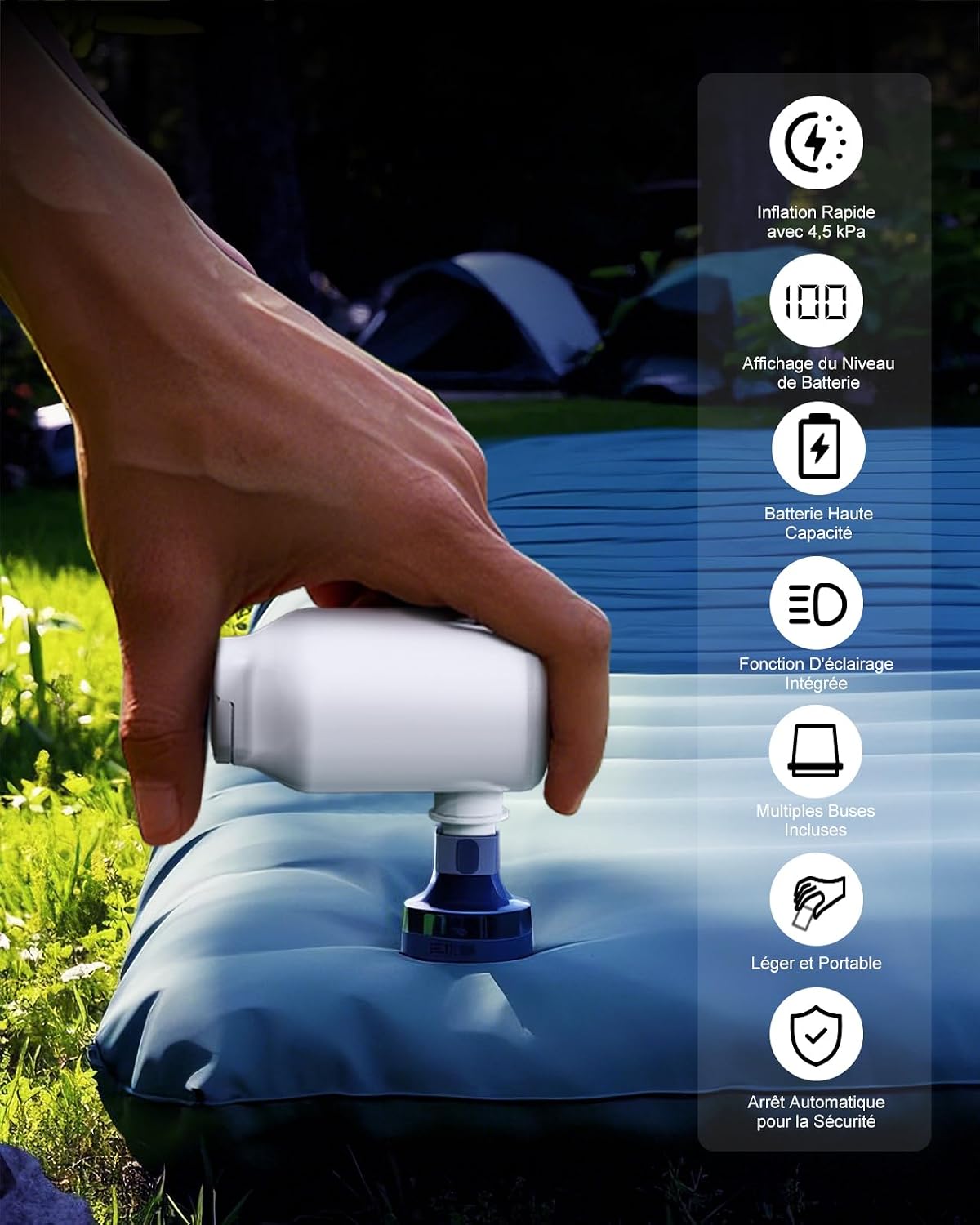 Detalle 2 de Pompe à air électrique Gonfleur portable avec batterie pour matelas et lits gonflables – 5 buses + lampe LED