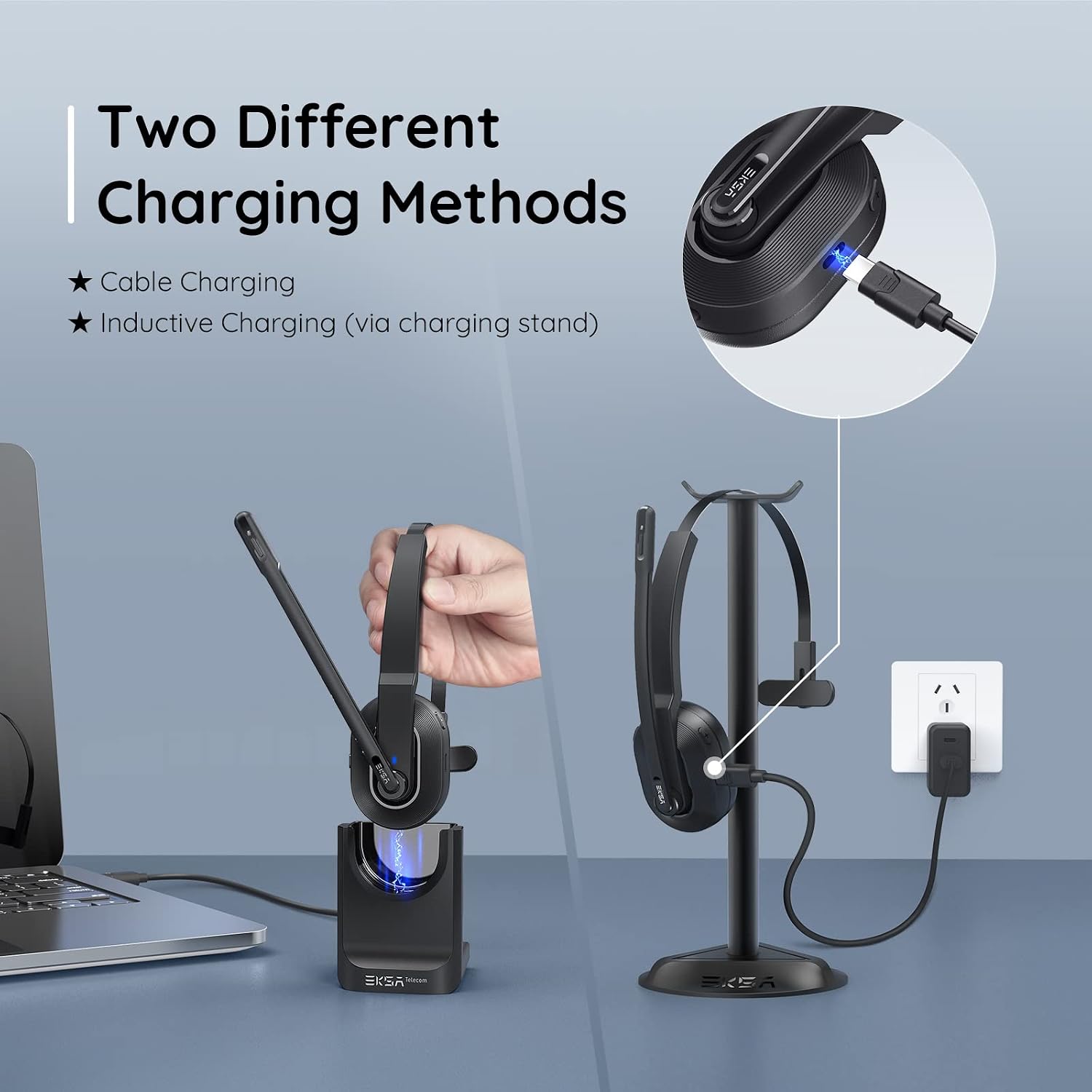 Detalle 1 de EKSA H5 Bluetooth-headset met AI ENC-microfoon, USB-dongle en laadstation