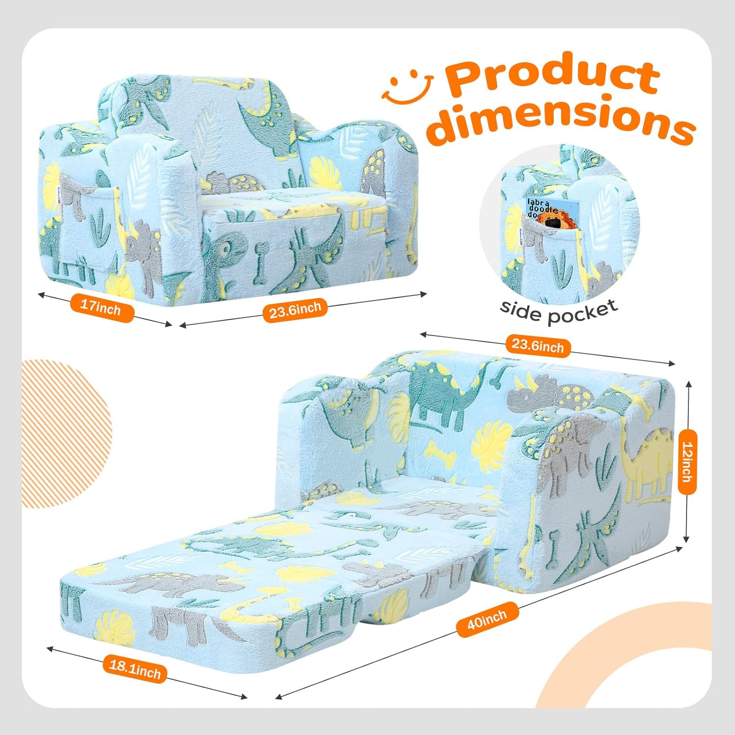 Detalle 2 de MeMoreCool Glowing Dinosaur Kids Chair (2-in-1 Convertible) – Glow-in-the-Dark Dino Couch Lounger, Sky Blue