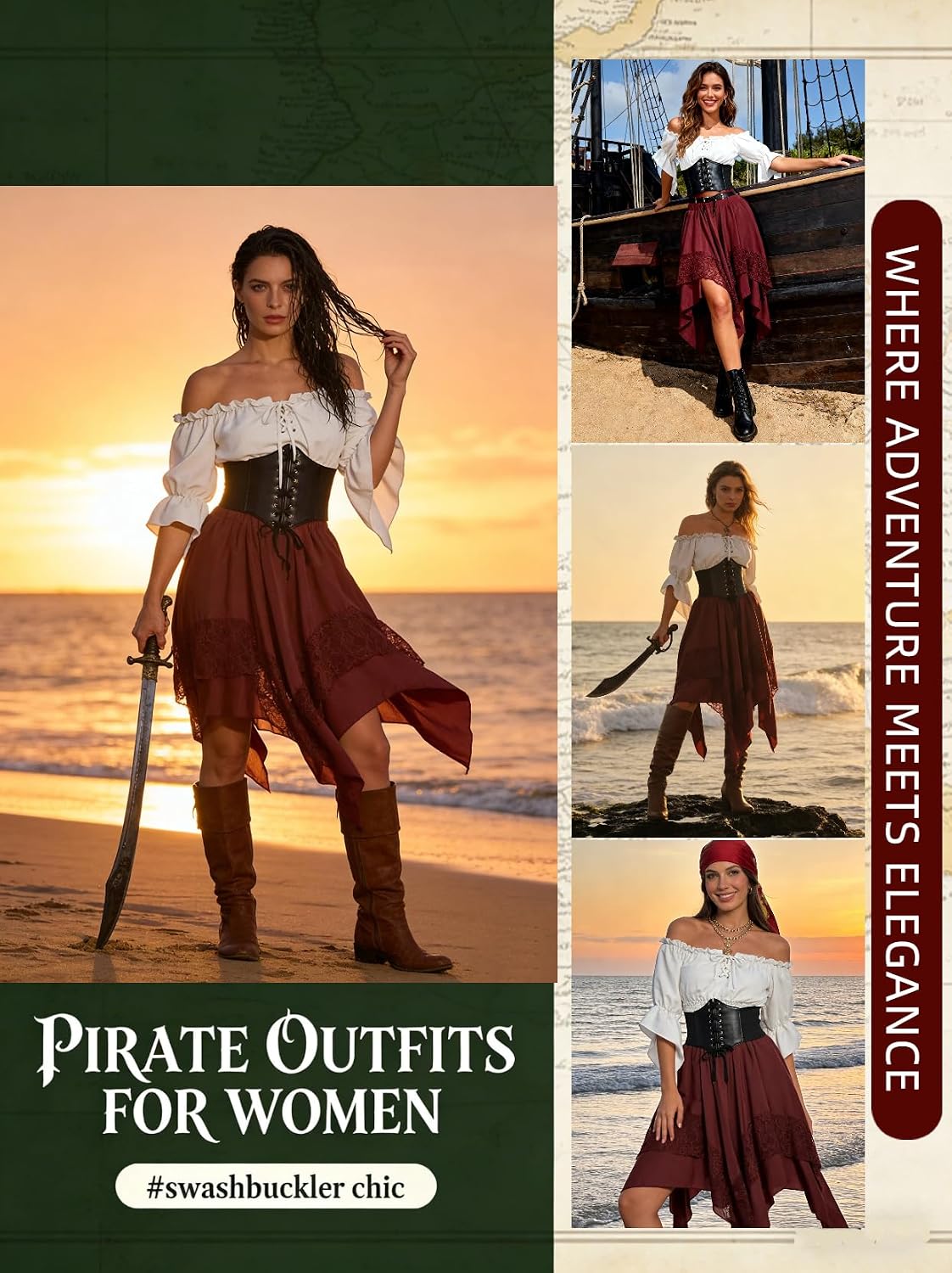 Thumbnail 3 de Verceco Women's Pirate Costume with Peasant Top, Lace-Up Corset and Skirt