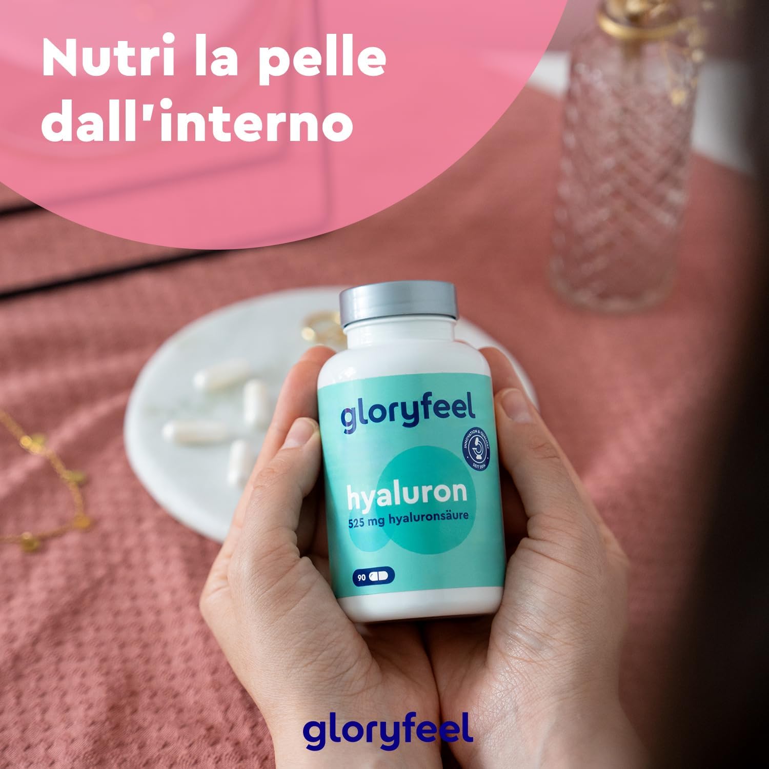 Thumbnail 6 de Acido Ialuronico Integratore: puro 525 mg in capsule vegan per pelle, articolazioni e ossa (500–700 kDa) – 90 capsule