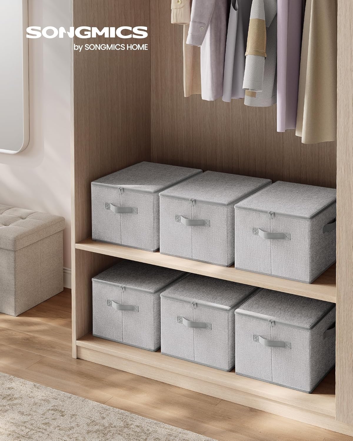 Thumbnail 1 de SONGMICS Aufbewahrungsbox mit Deckel (faltbar, Vliesstoff) im 6er-Set – taubengrau, 40 x 30 x 25 cm