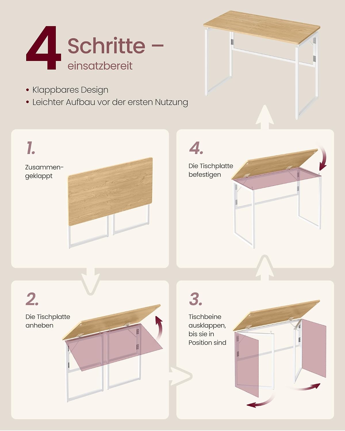 Thumbnail 6 de VASAGLE Klapptisch: Kleiner, tragbarer Computertisch aus einer Platte – 100 x 50 cm