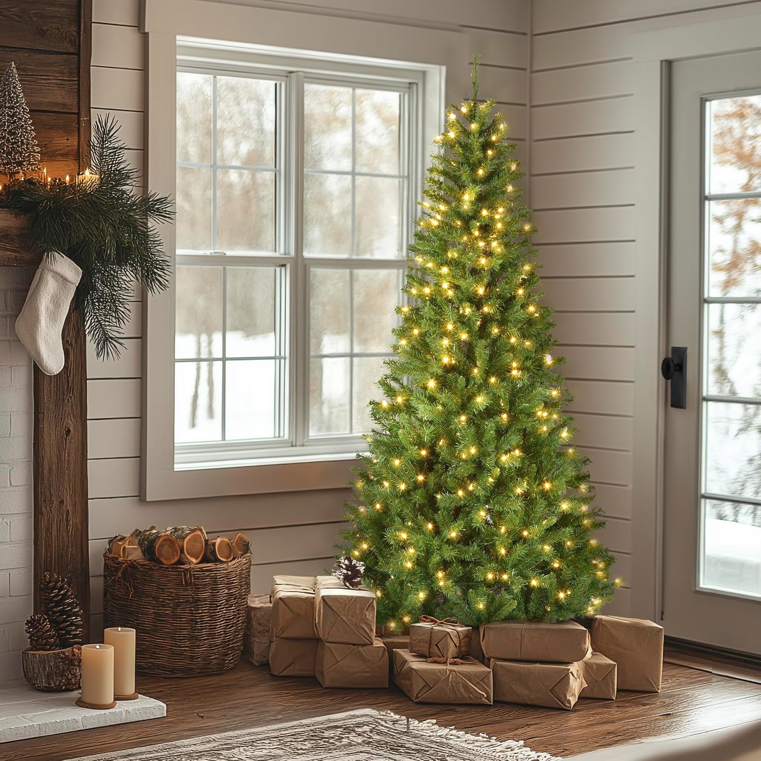 Detalle de National Tree Company Winchester Pine Slim Christmas Tree, 7.5 ft, 350 LEDs