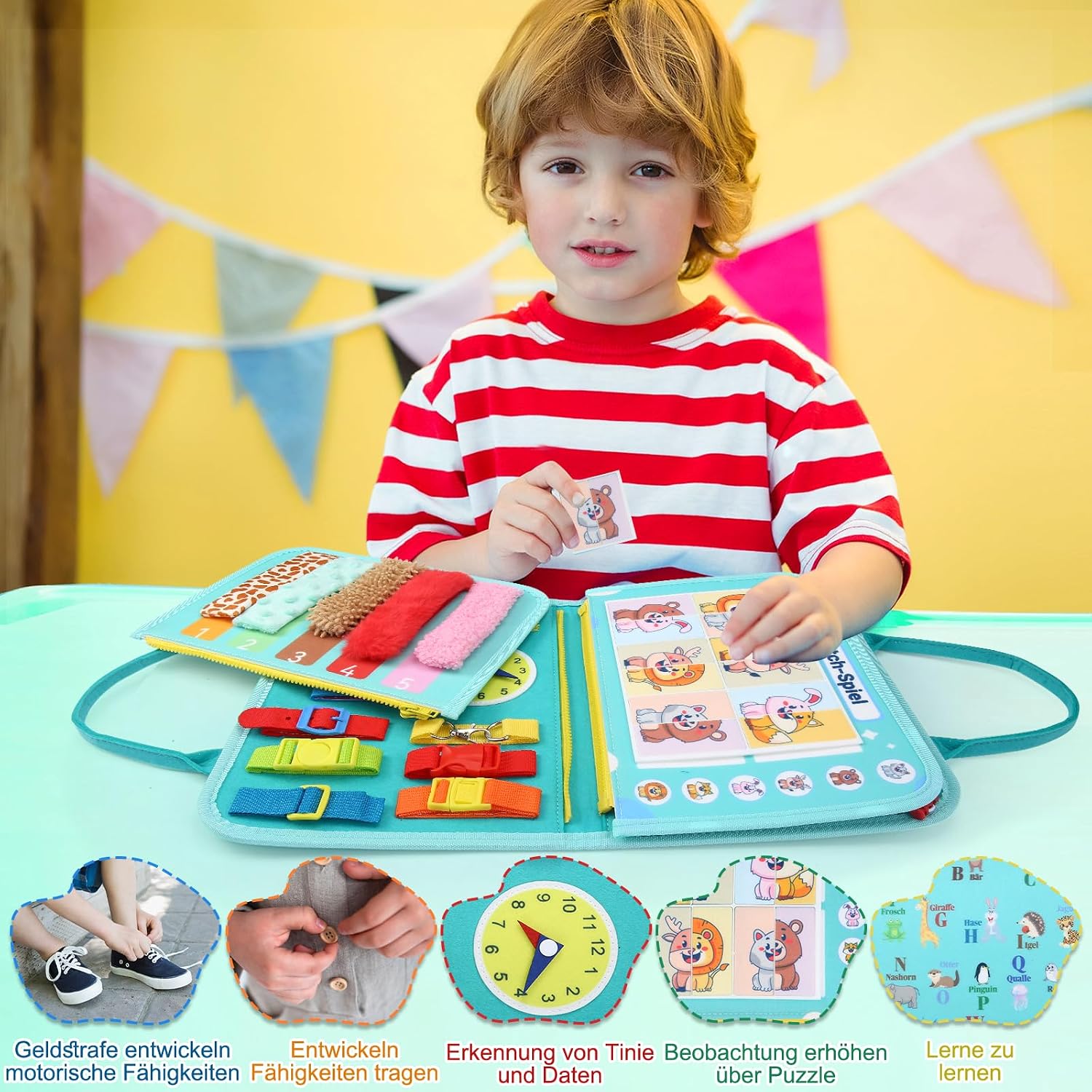 Detalle de khlerox Busy Board Montessori-Spielzeug (Filz) – sensorisches Lernaktivitätsbrett für Kleinkinder, grün
