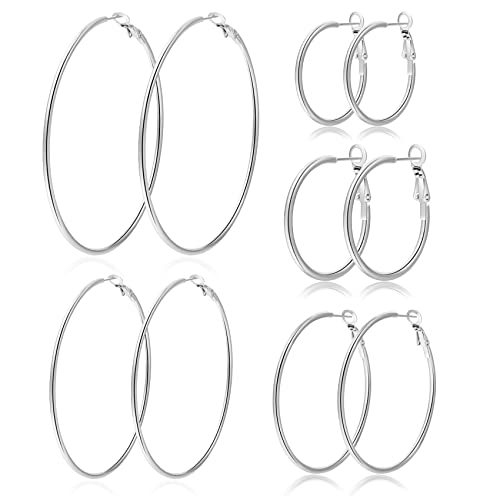 Detalle de PABBEU 5Pairs Silver Hoops Earrings Set for Women – 316L Stainless Steel, Big Thin, Hypoallergenic