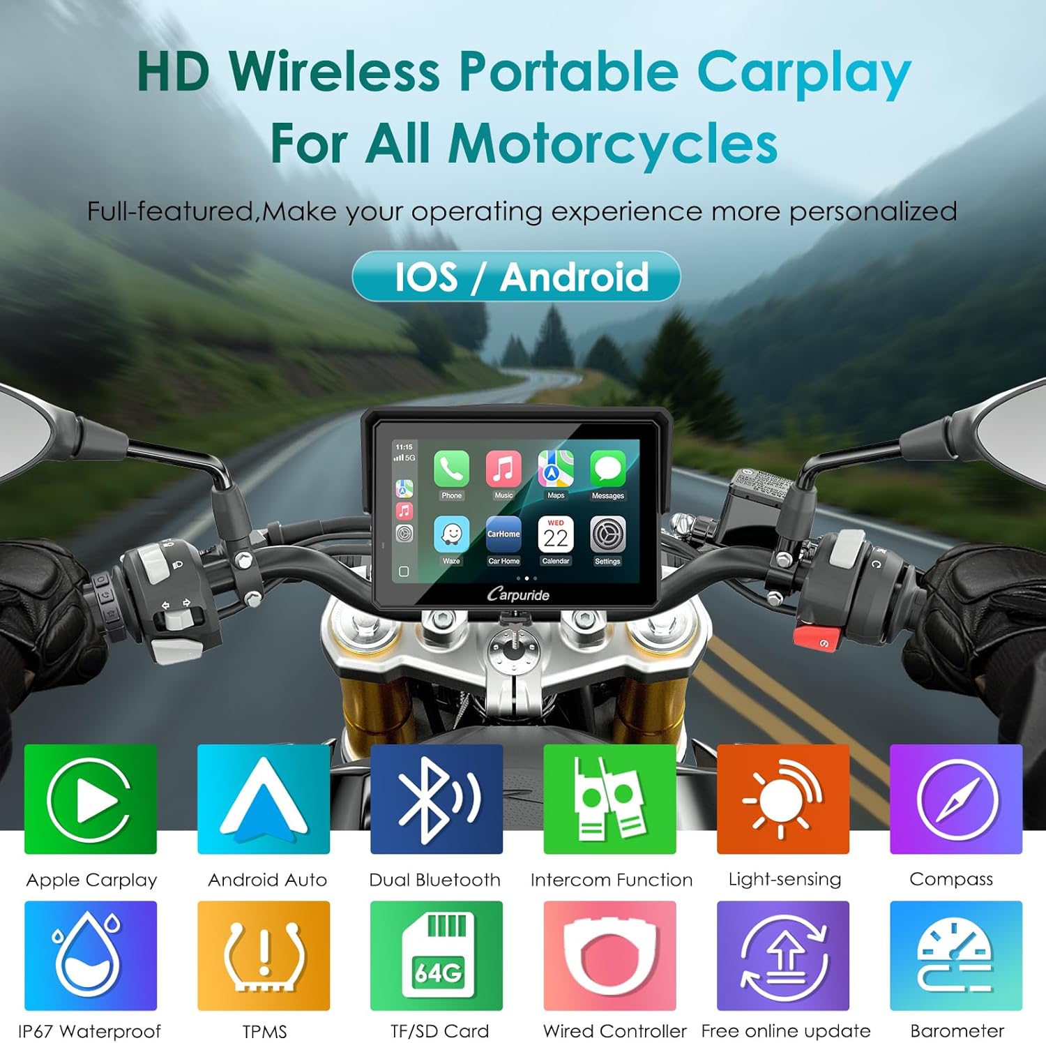 Thumbnail 1 de Carpuride W502S Pro per moto wireless CarPlay/Android Auto da 5" con supporto BM05