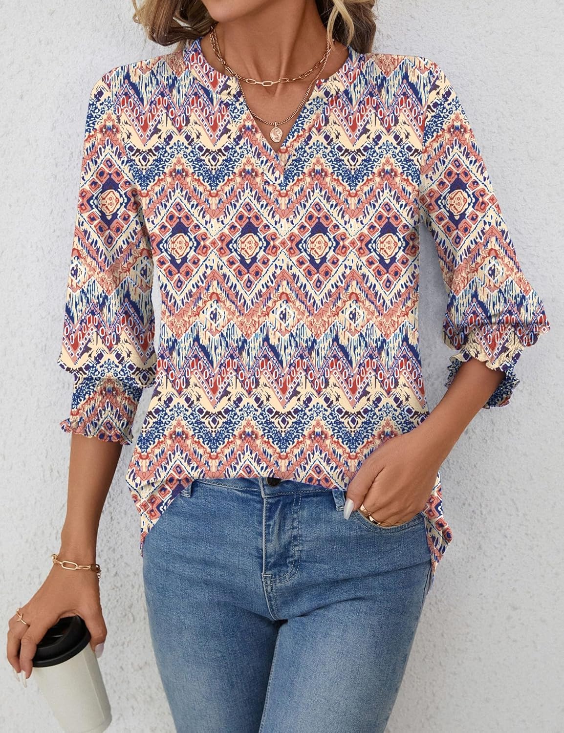 Thumbnail 3 de Rapbin Damen Bluse mit 3/4-Ärmeln und V-Ausschnitt – Tunika im Blumenmuster mit leichtem Stoff