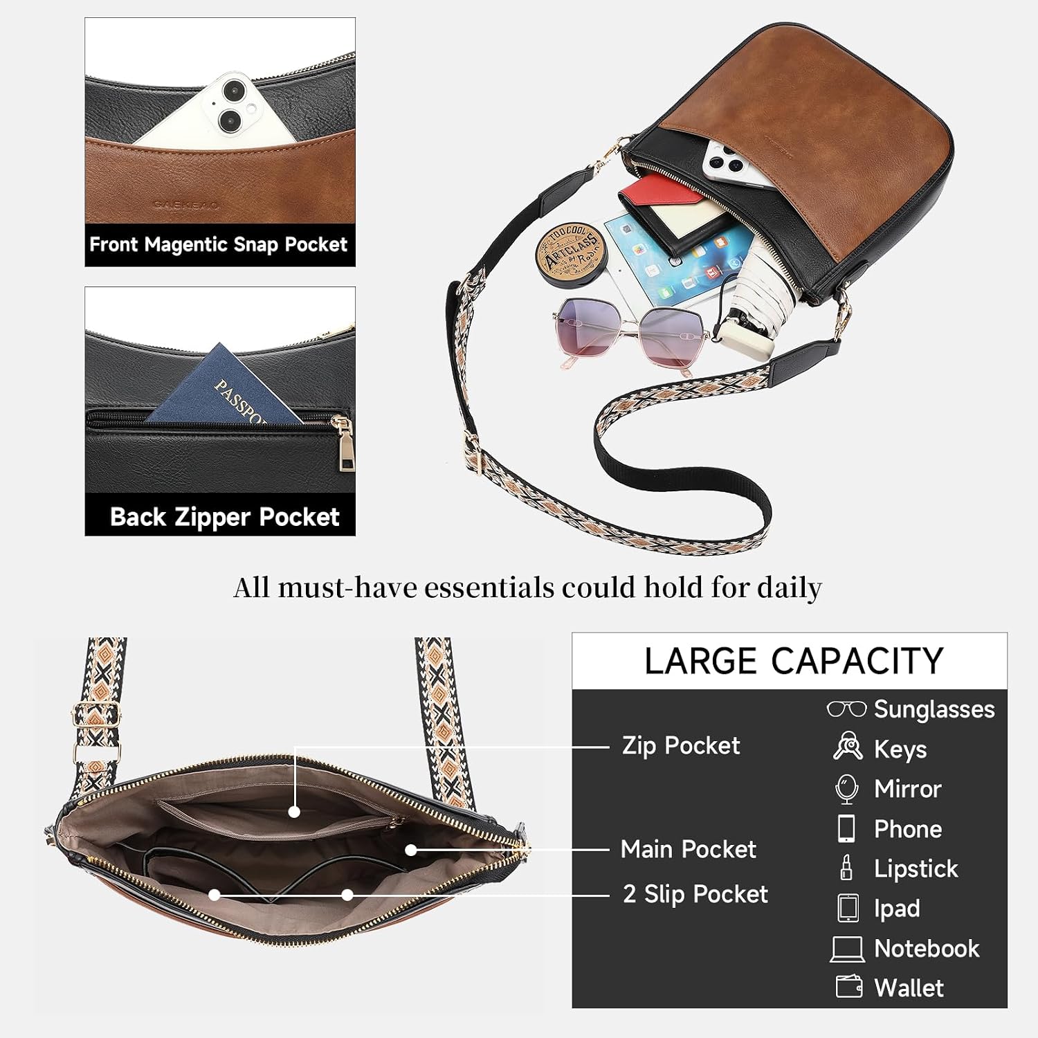 Detalle de GAEKEAO Trendy Crossbody Bag for Women with Multi Zip Pockets and Adjustable Wide Strap