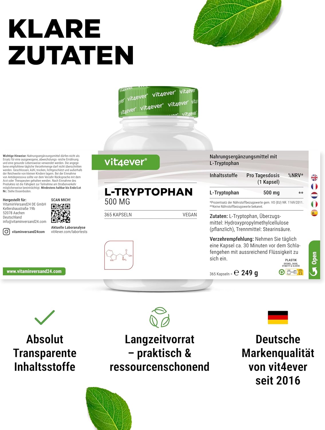 Thumbnail 4 de L-Tryptophan 500 mg 365 Kapseln