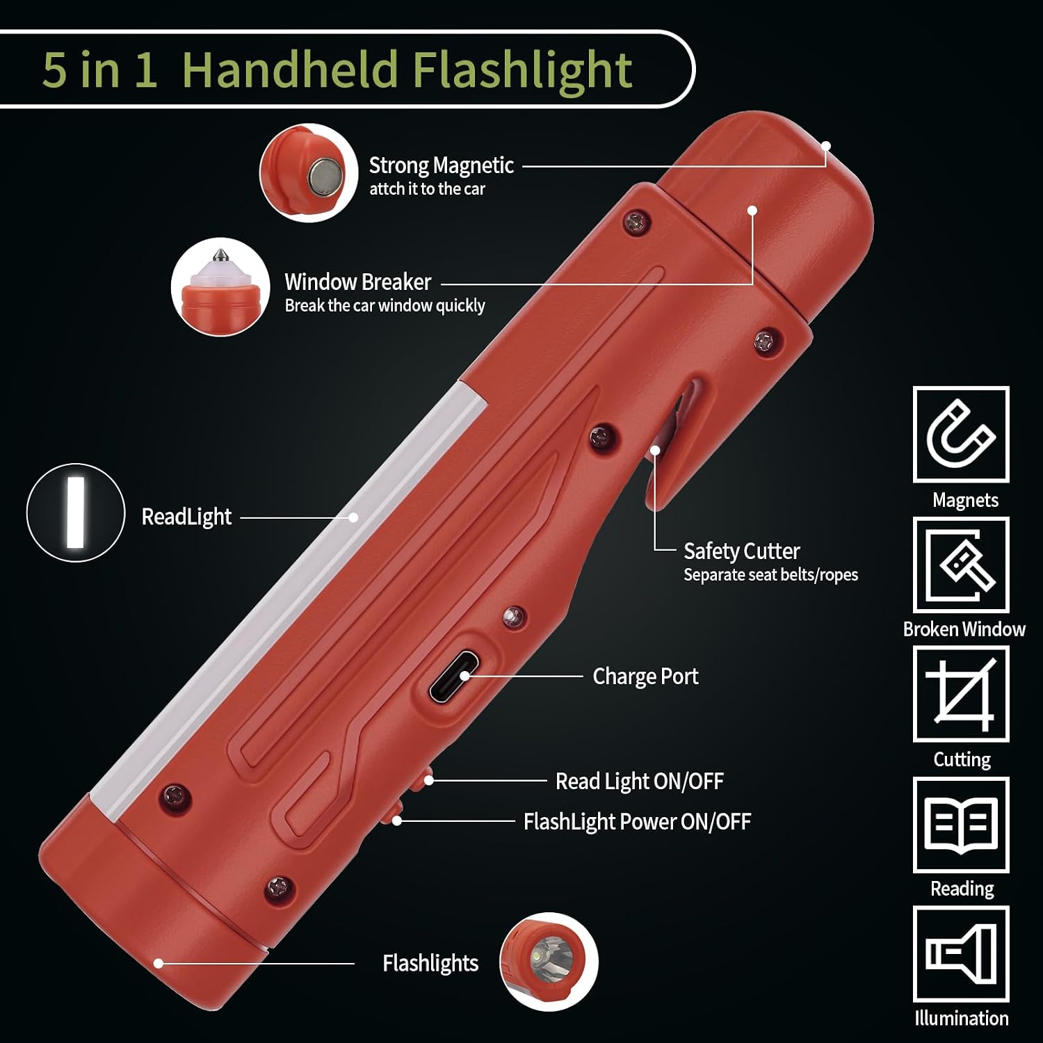 Detalle de KnLnny Ware Strumento 5in1 Evacuazione Auto: rompivetro, tagliacinture, luce emergenza e magnete