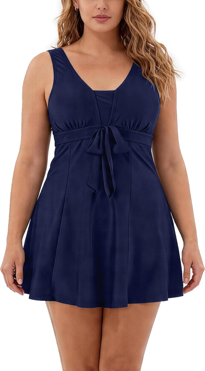 Detalle de Wantdo Women's Plus Size Swimwear One Piece Tummy Control Swimdress — Skirted Swimsuit