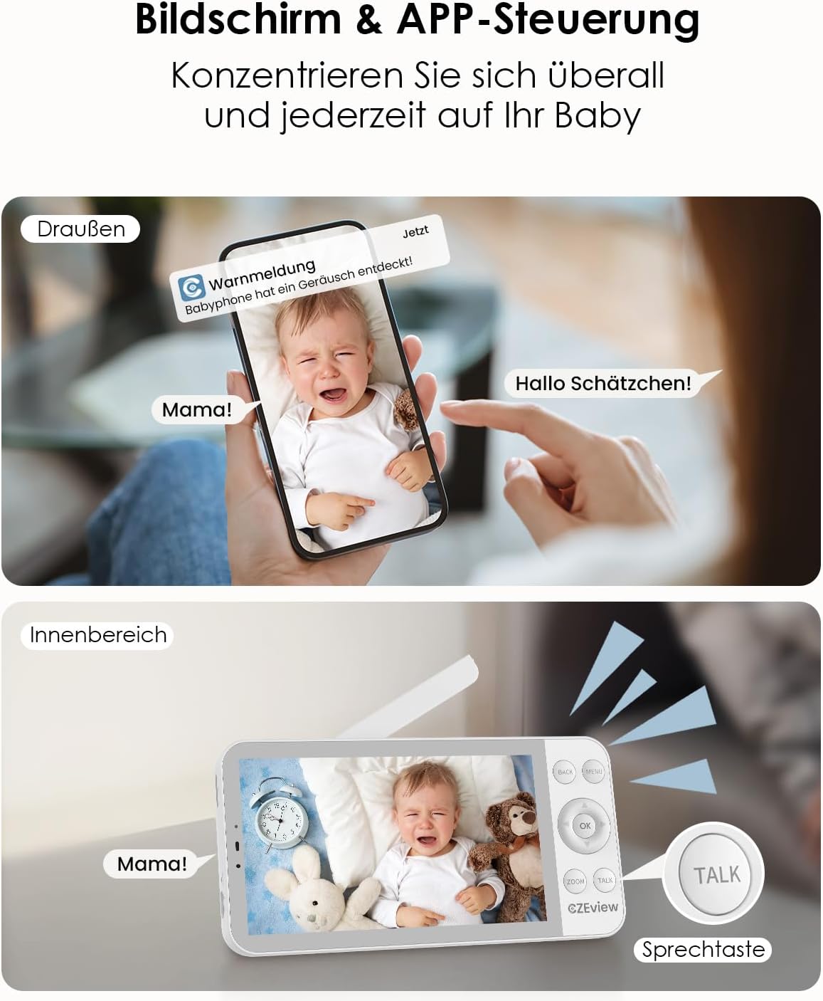 Thumbnail 2 de CZEview Babyphone mit 2 Kameras, 2.5K-Nachtsicht & 5,5-Zoll-HD-Bildschirm (WLAN-App, 360°)